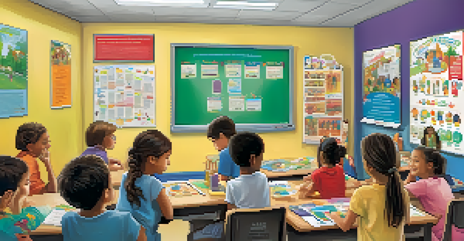 A classroom filled with children learning about addiction prevention, featuring vibrant educational posters and an engaging teacher.