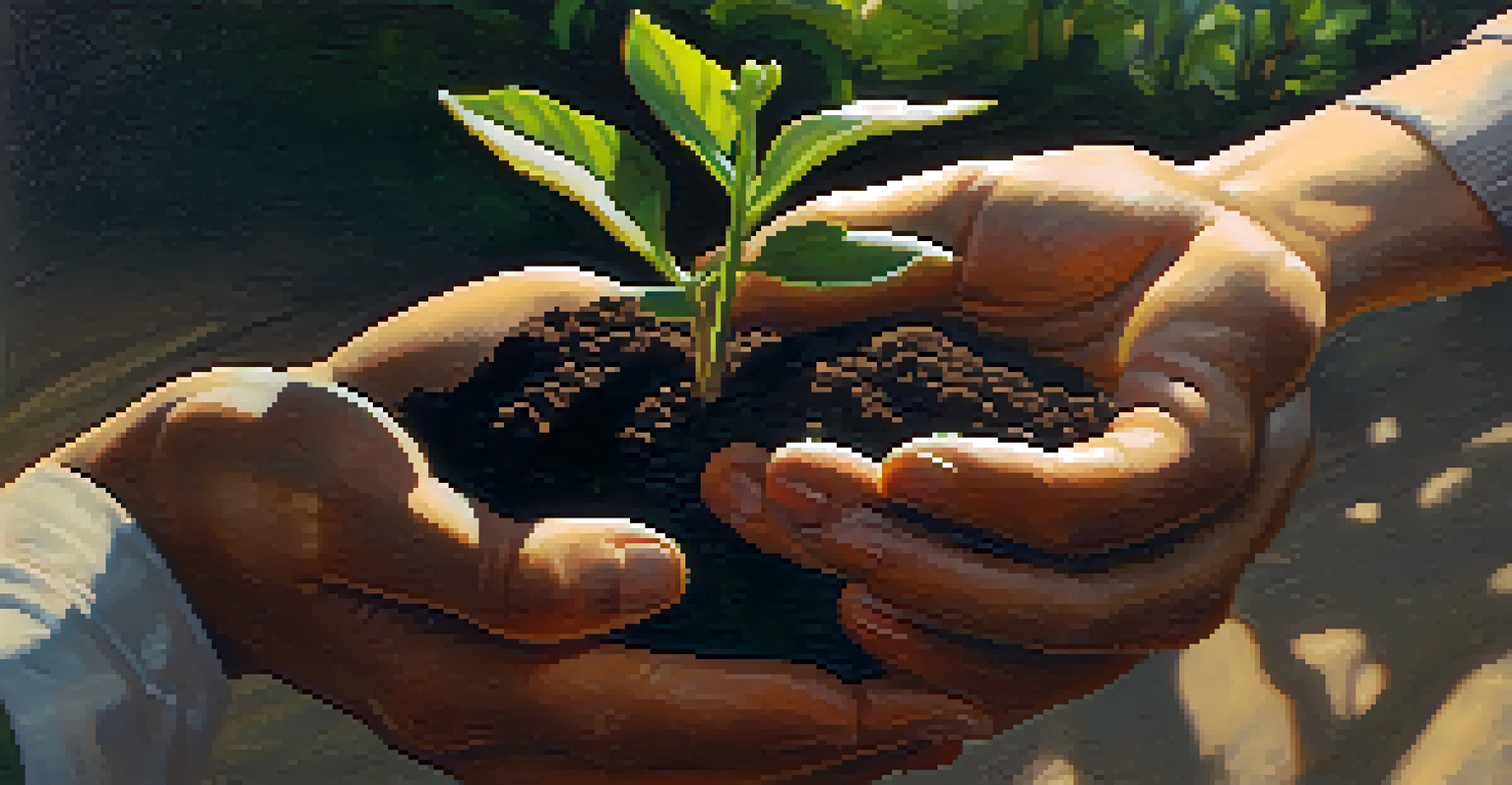 Close-up of two hands holding a small green plant in dark soil, with a garden background softly blurred.