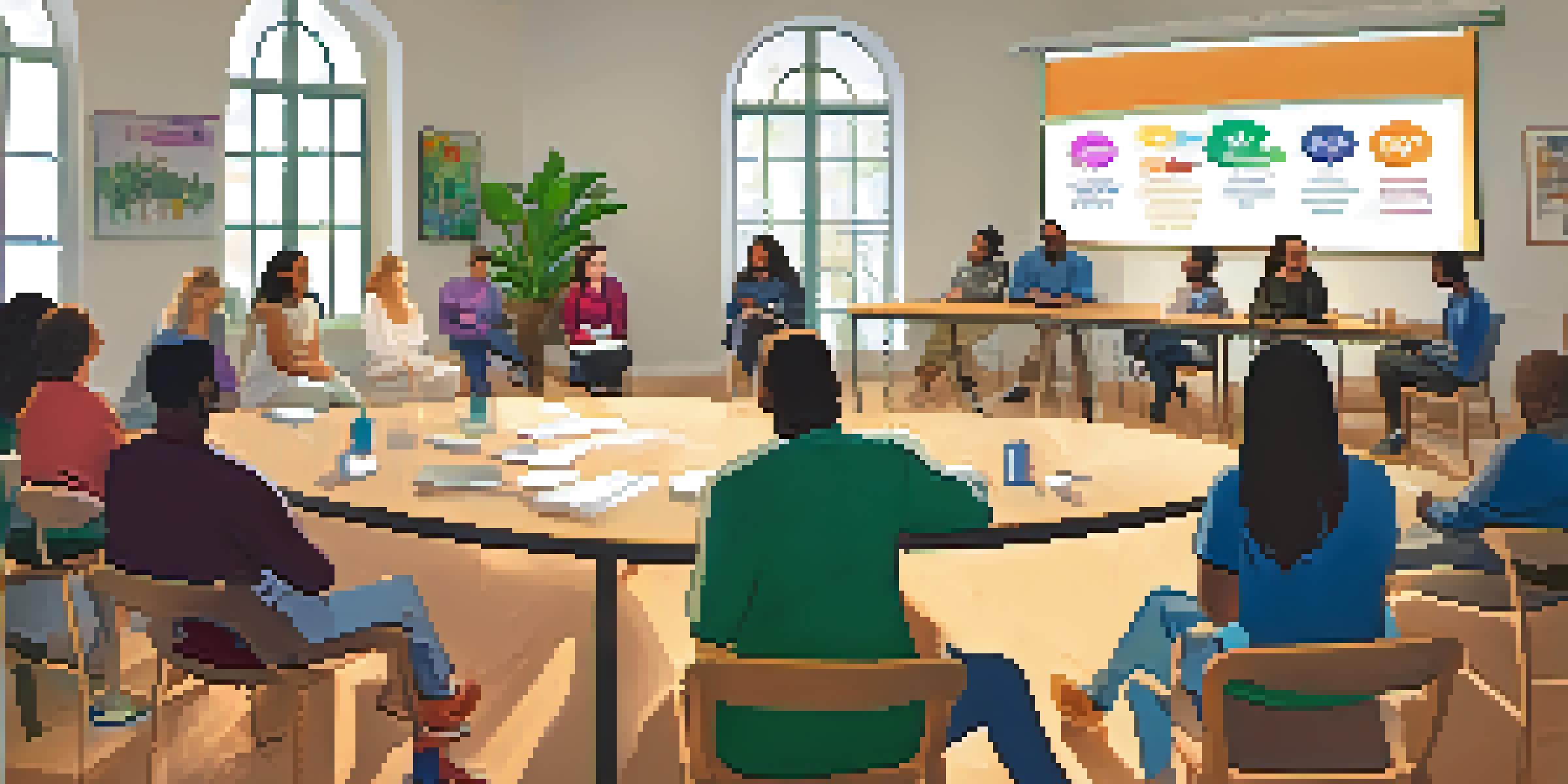 A diverse group of people in a community workshop discussing addiction recovery, with a facilitator at the front and colorful posters on the walls.