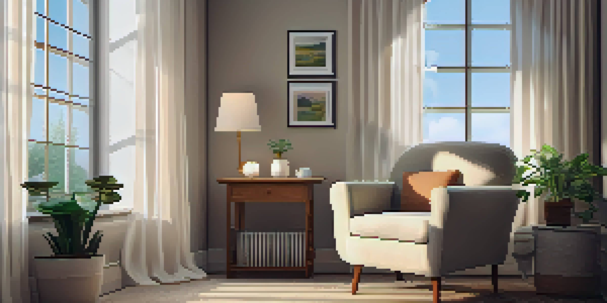A cozy therapy room with soft lighting, an armchair, tea on a table, and a window with sheer curtains.