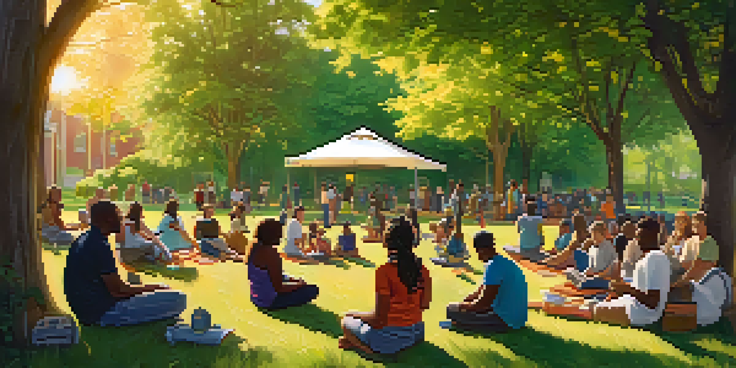 A group of diverse individuals gathered in a park for a support meeting, sitting in a circle on the grass, with a banner that reads 'Hope and Recovery' in the background.