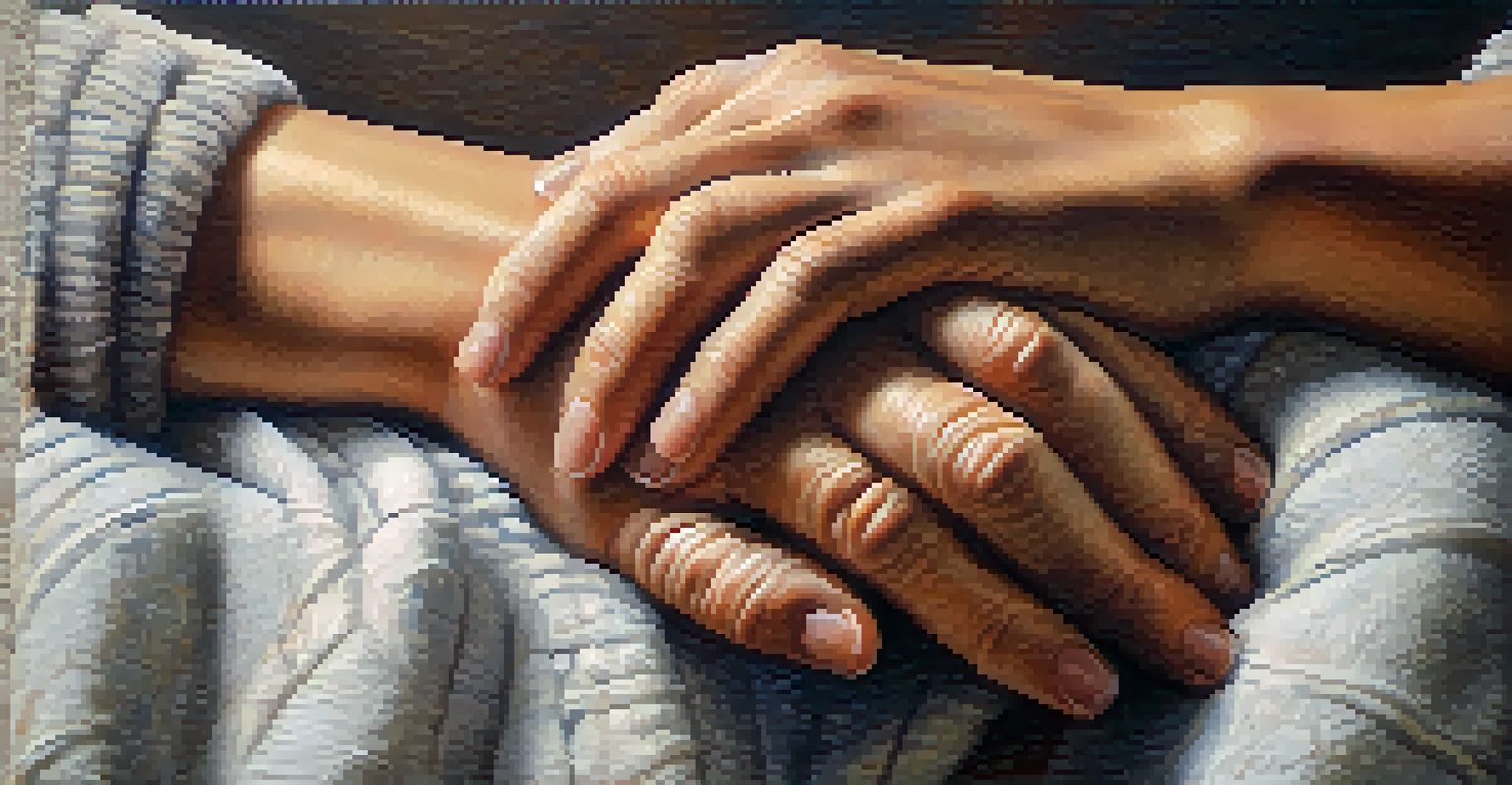A close-up of two weathered hands holding each other tightly, symbolizing support and connection, resting on a cozy blanket.