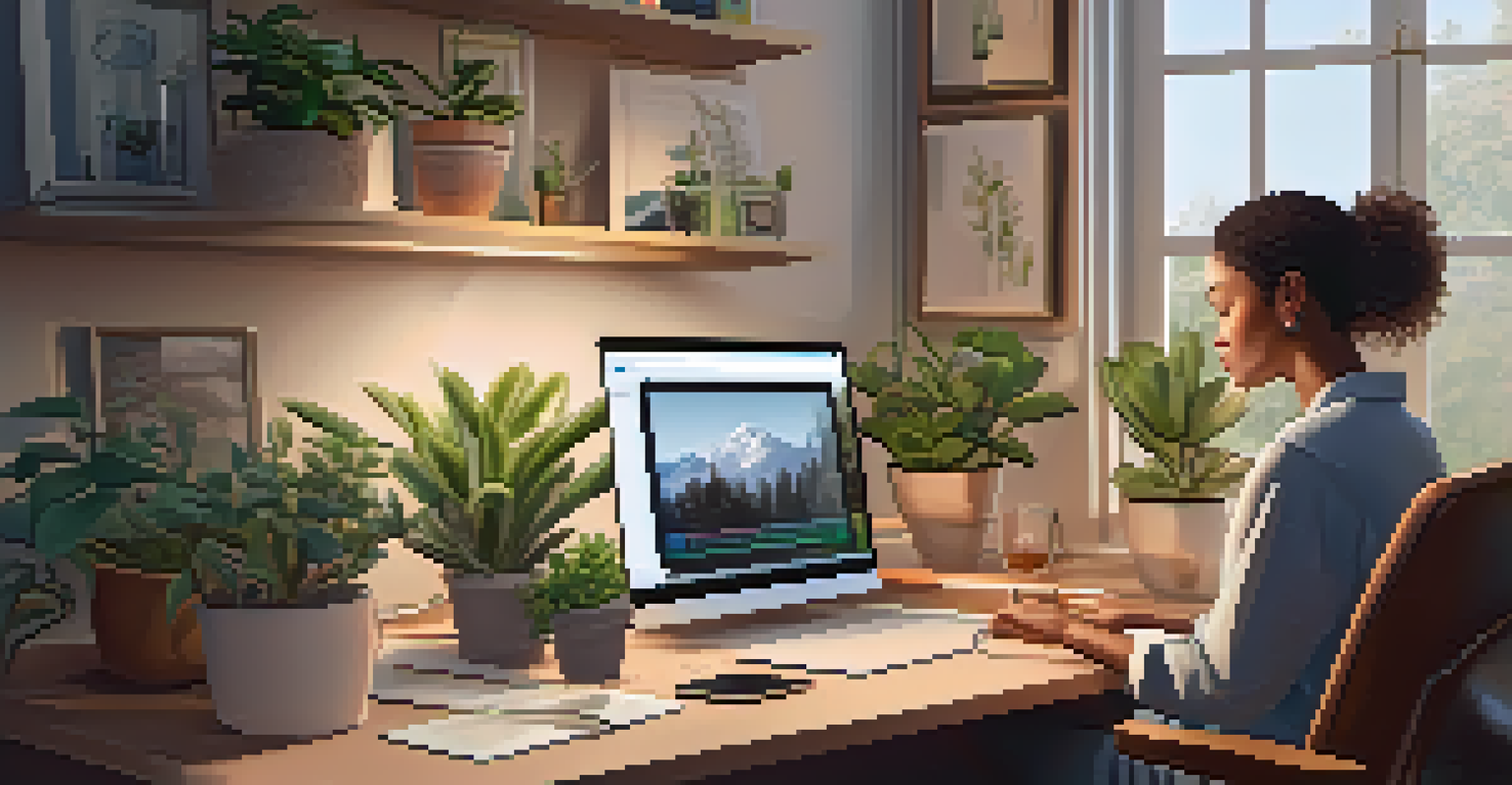 A person engaging in a telehealth therapy session in a cozy home office, with soft lighting and plants.