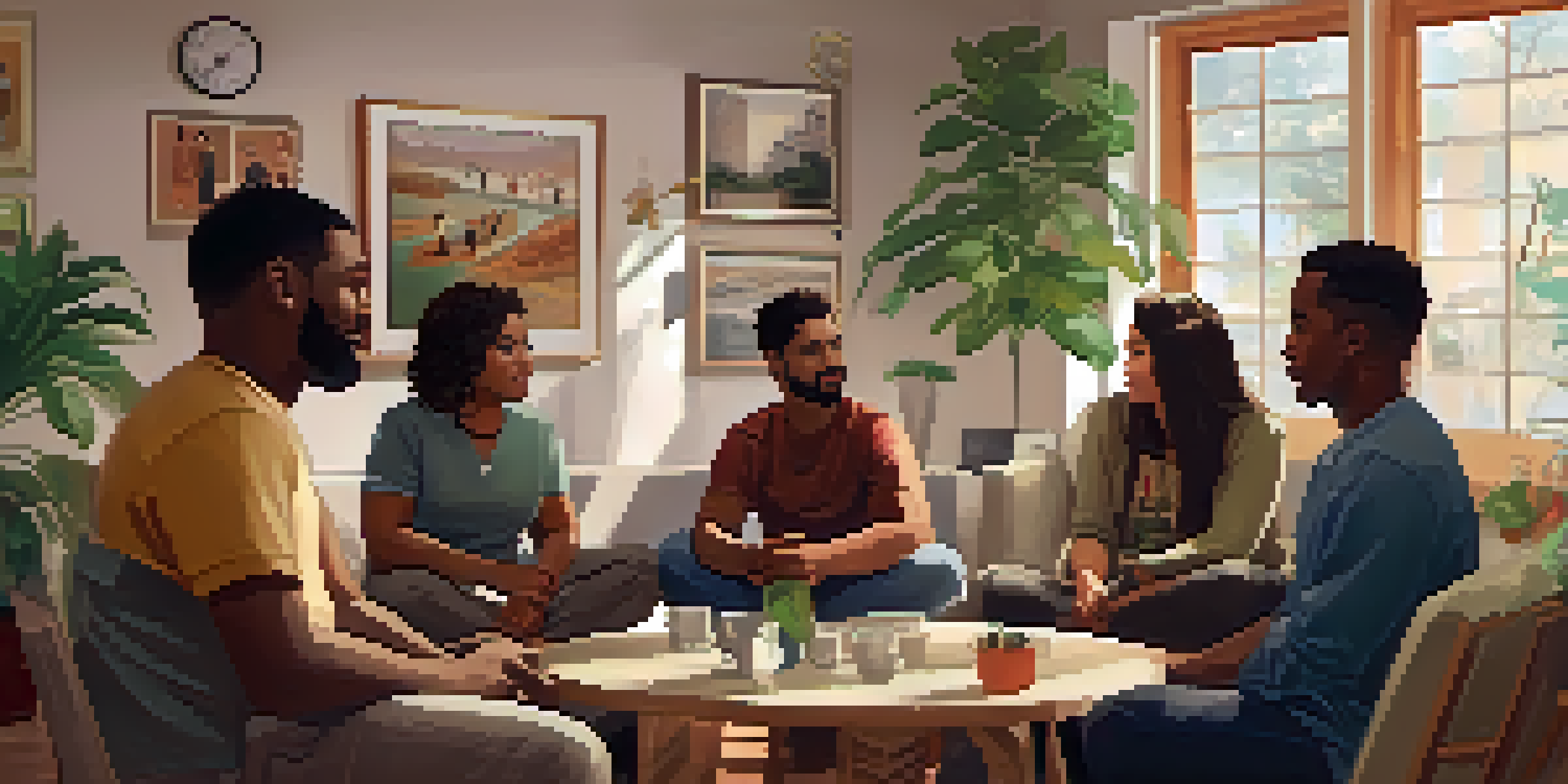 A diverse group of individuals sitting in a circle during a support group meeting, engaged in discussion in a cozy room.