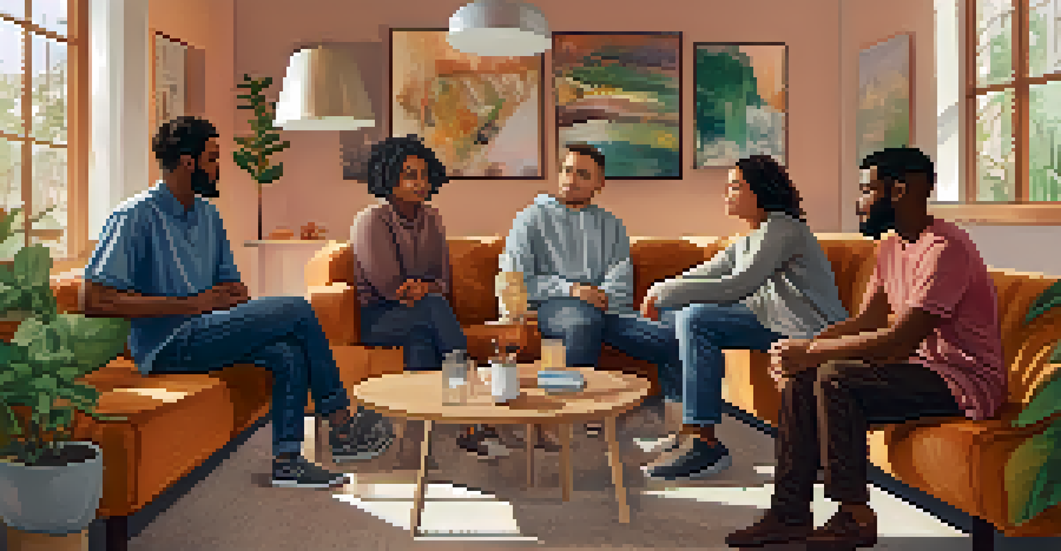 A diverse group of people sitting in a supportive circle, discussing mental health with empathetic expressions.