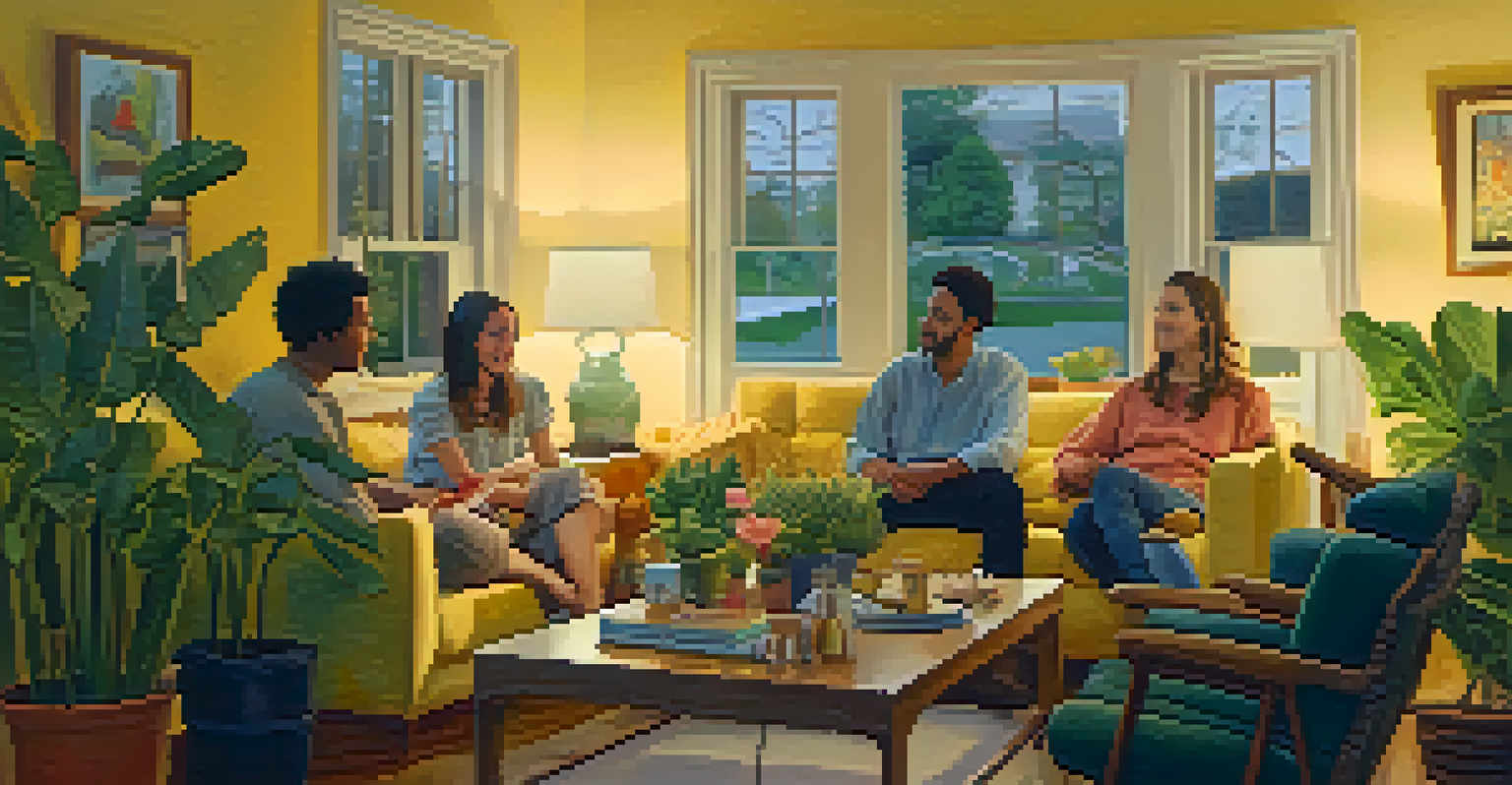 A cozy living room with friends discussing around a table, filled with warm light and personal decor.