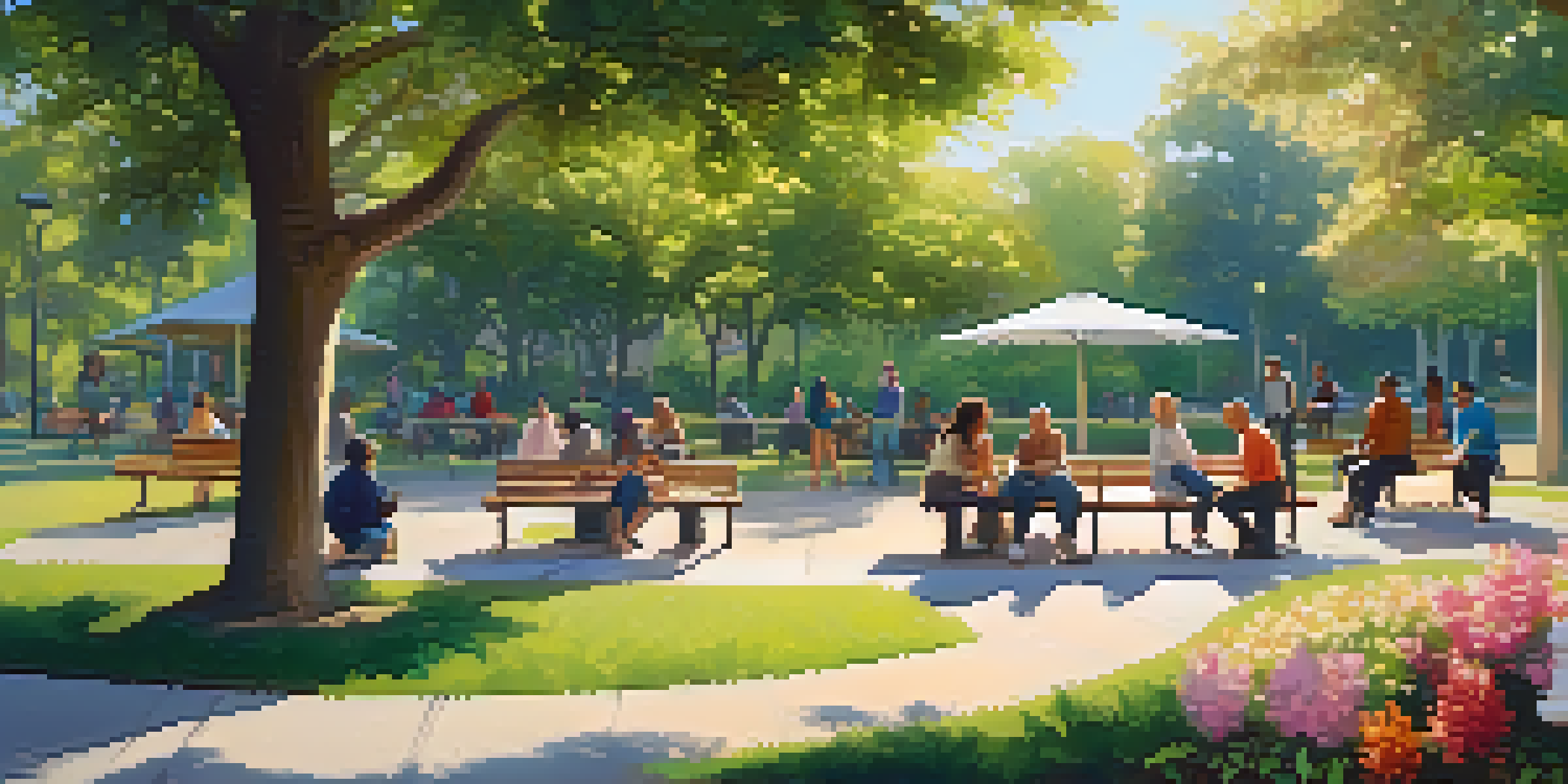 A diverse group of people in a park sharing supportive conversations under the trees.