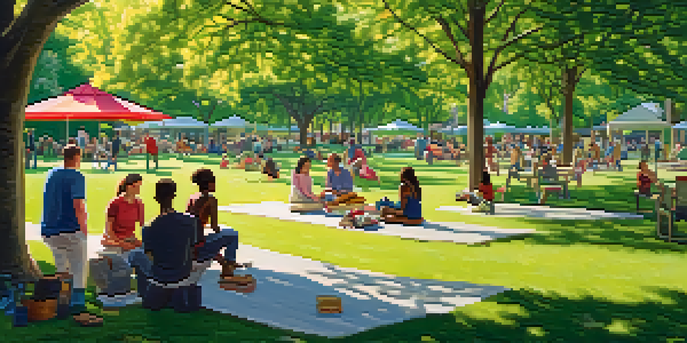 A sunny park scene with diverse people interacting and enjoying community activities amidst nature.