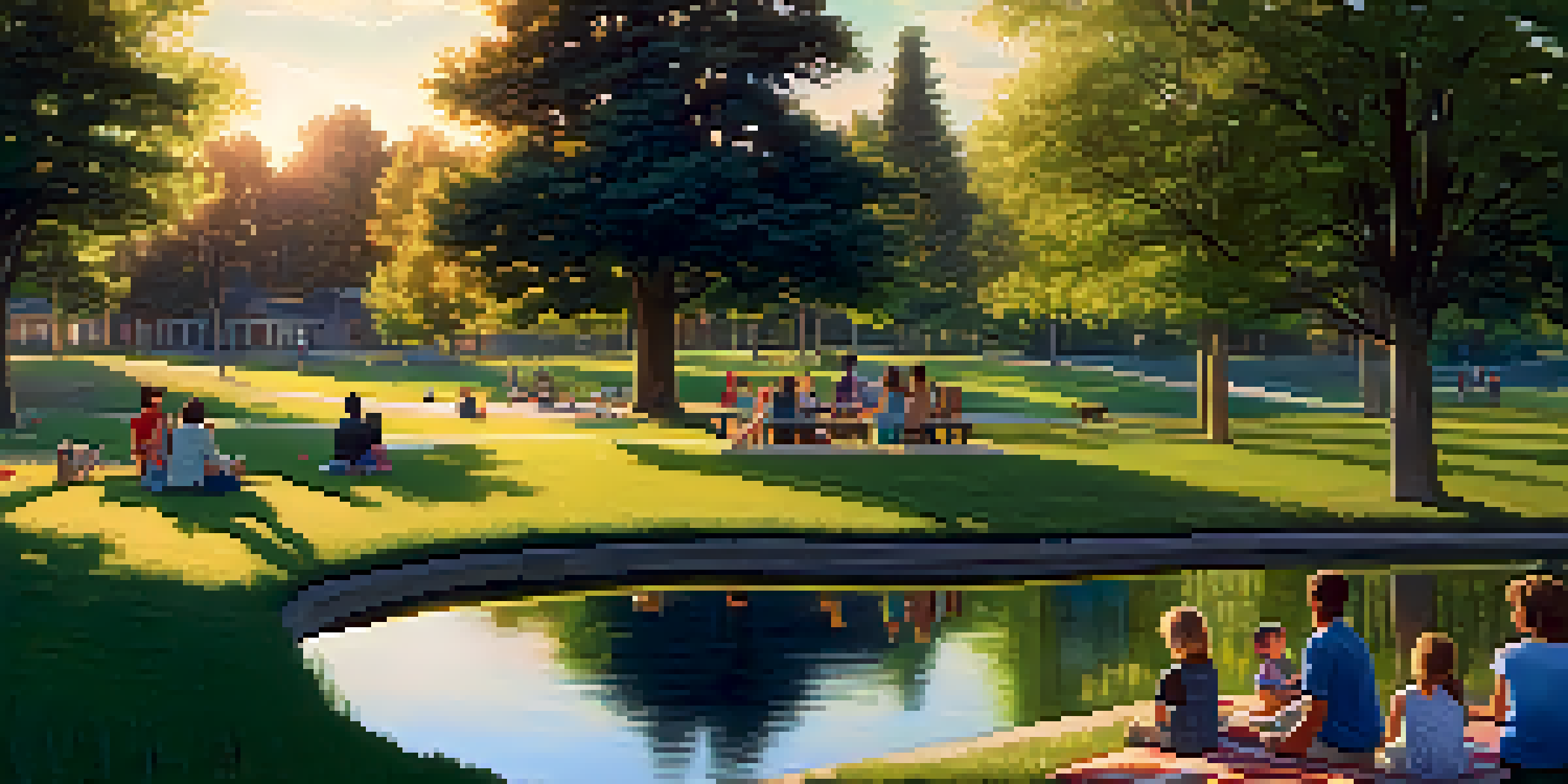 A community park at sunset with families having picnics, children playing, and a pond reflecting the sky.