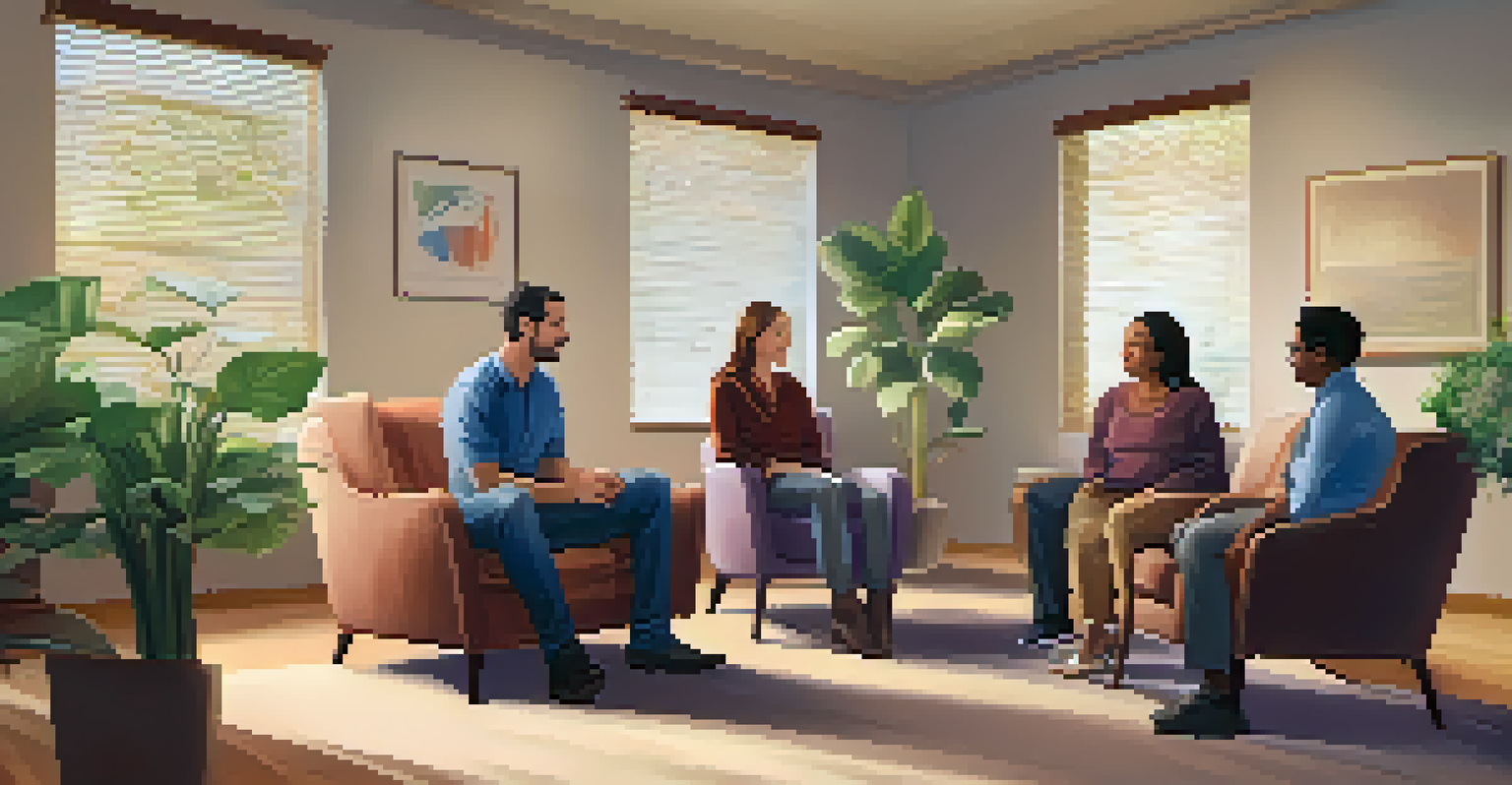 A family therapy session with a therapist and a family of four engaged in open dialogue in a comfortable office setting.
