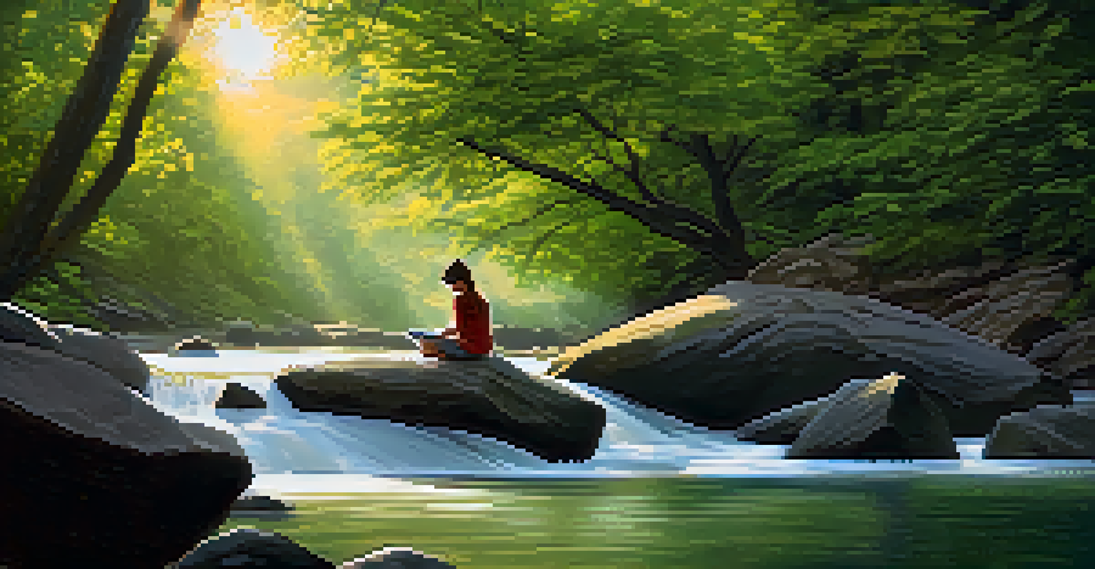 A person relaxing by a river while reading a book, surrounded by nature, representing a digital detox and tranquility.