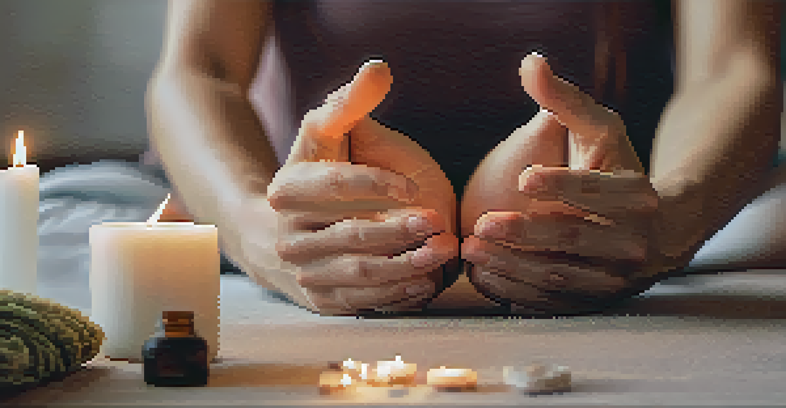 Close-up of hands in a mudra position on a yoga mat, with candles and essential oils in the background.