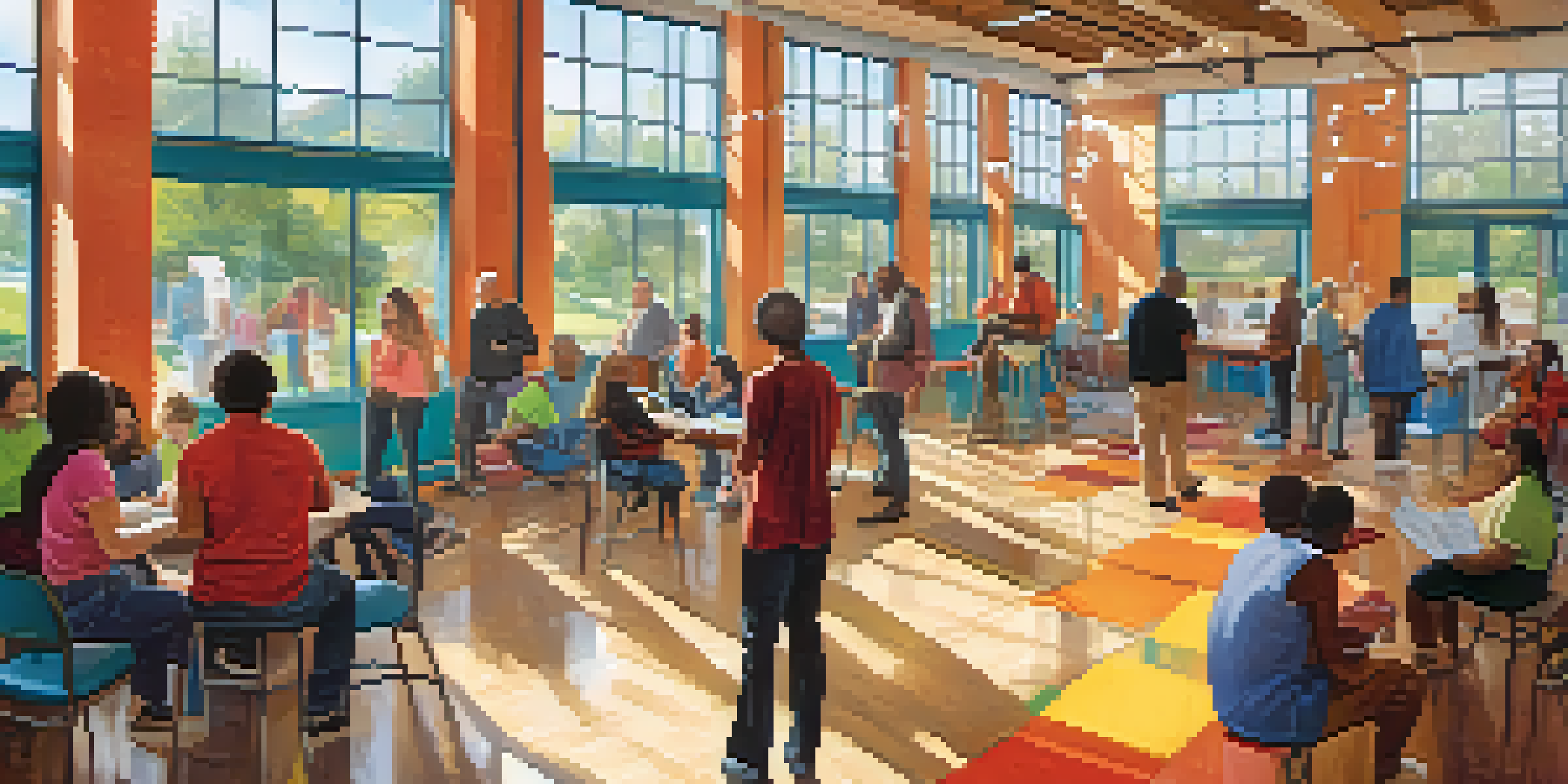 A lively community center filled with people attending workshops on addiction prevention, with colorful banners and bright sunlight coming through the windows.