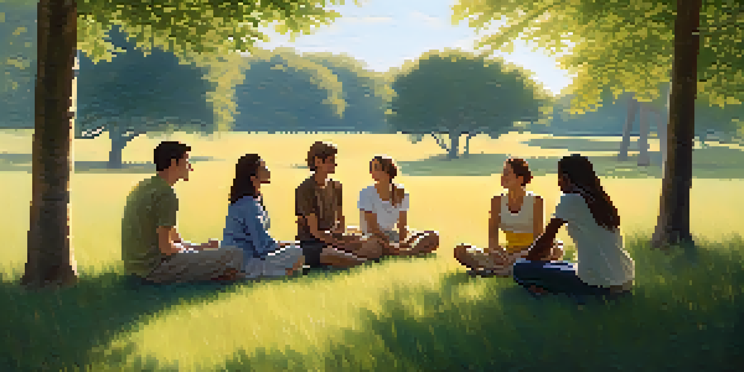 A diverse group of people sitting in a circle on a grassy field, engaged in a supportive conversation in warm sunlight.