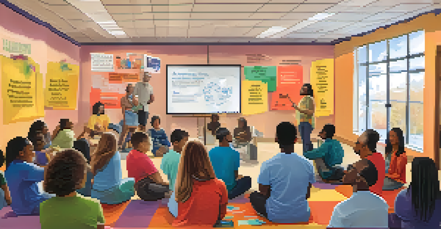 A community workshop in a center with a leader presenting information on addiction, surrounded by engaged participants and colorful decorations.