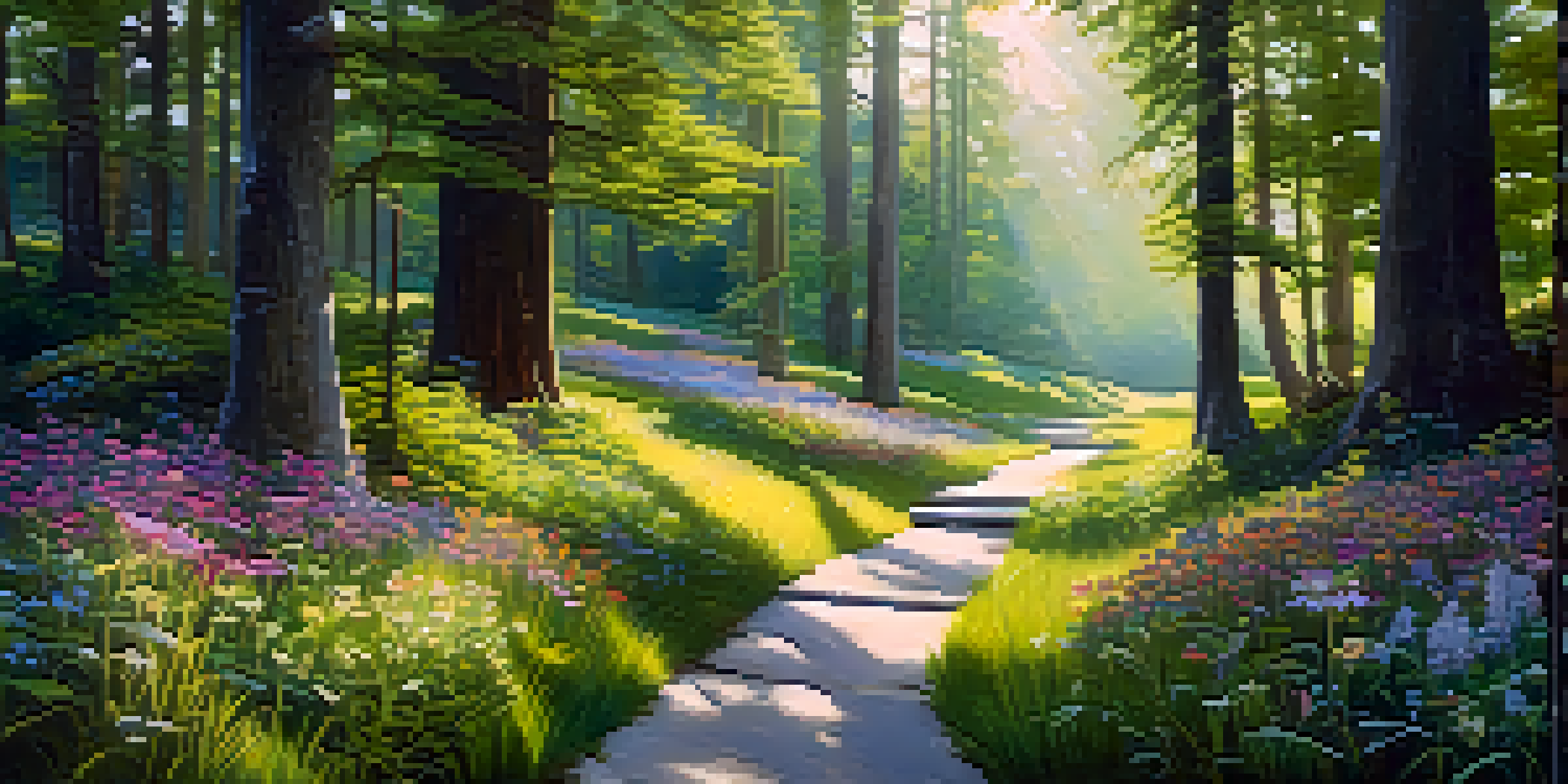 A forest landscape with two paths, one side showing male-oriented activities and the other side showing female-oriented activities, illuminated by soft sunlight.