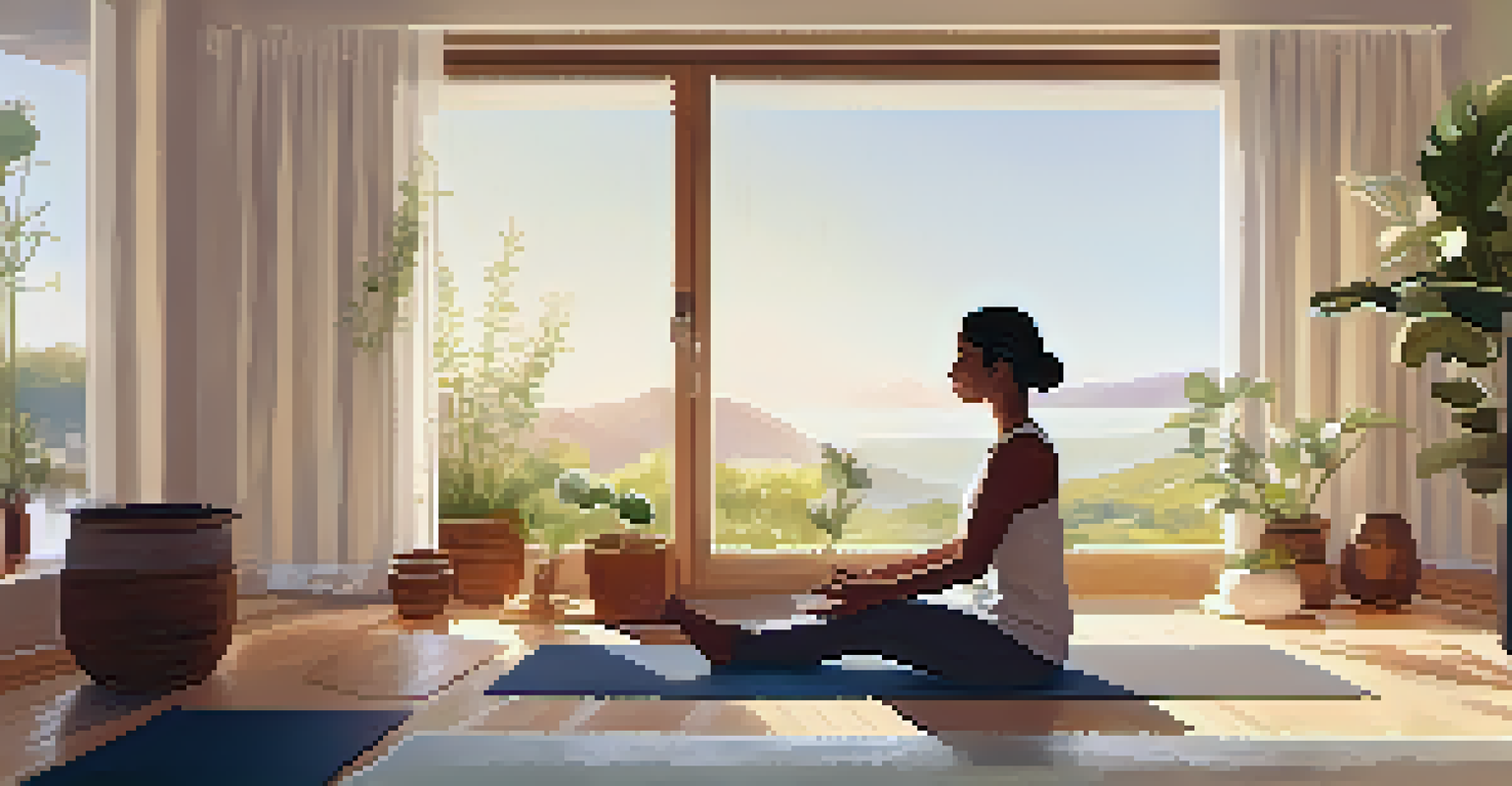 A person practicing relaxation techniques in a softly lit room, surrounded by calming scents and a cup of tea.