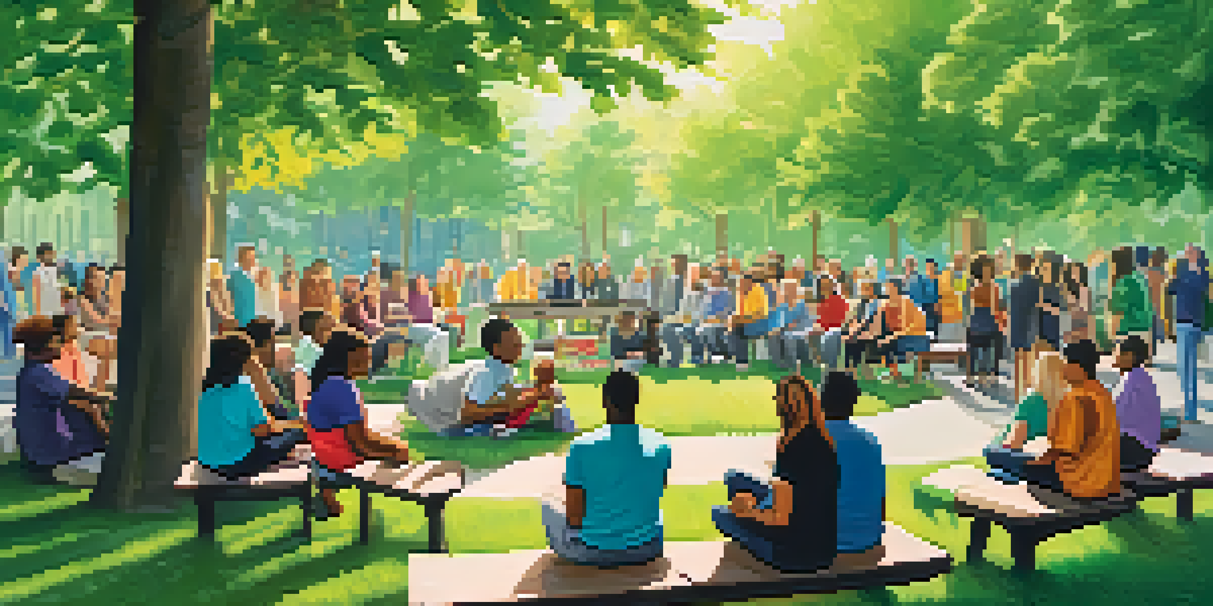 A diverse group of individuals participating in a mental health workshop in a park, surrounded by nature.