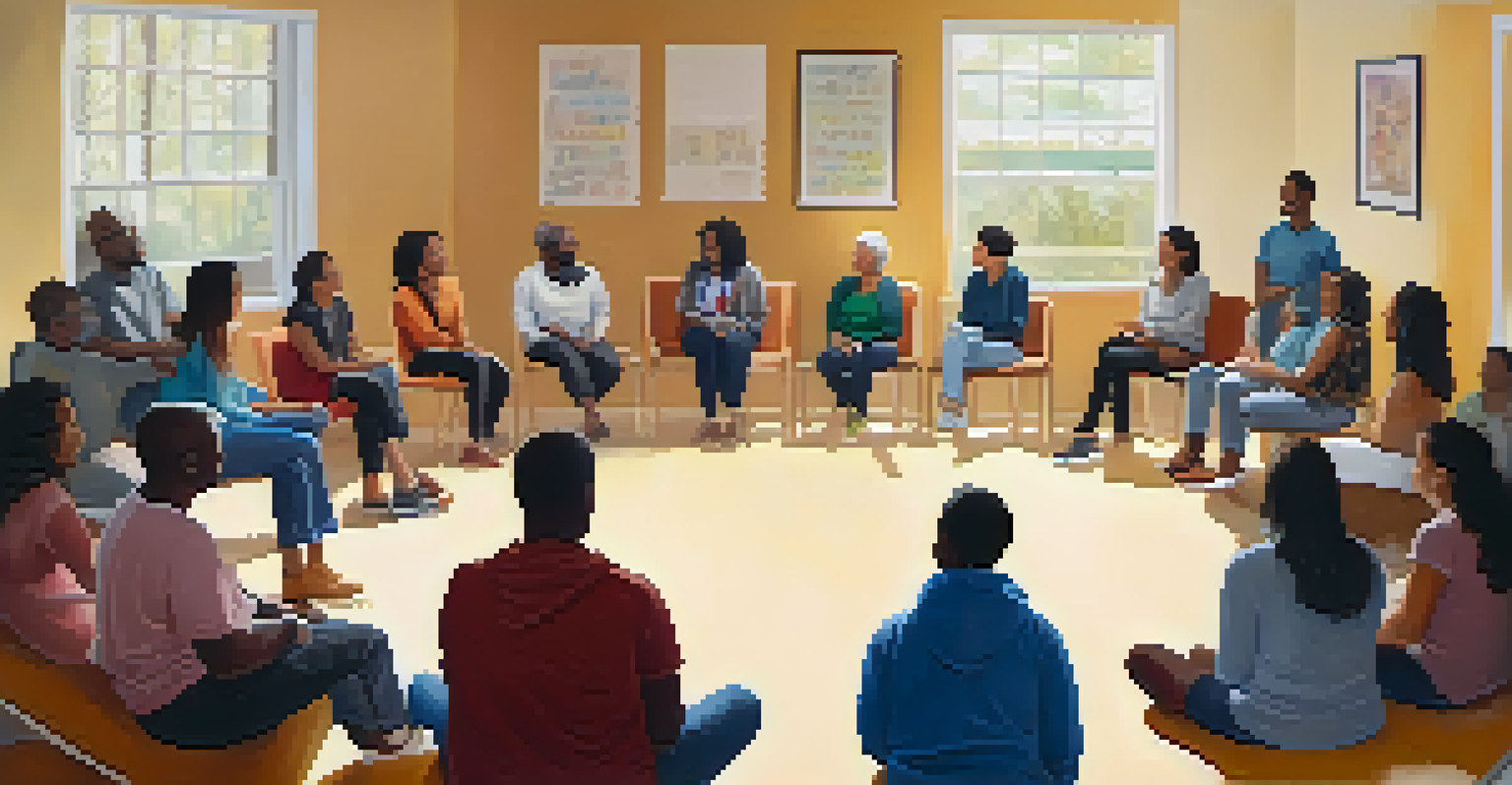 A diverse support group in a circle, engaging in conversation in a community center.