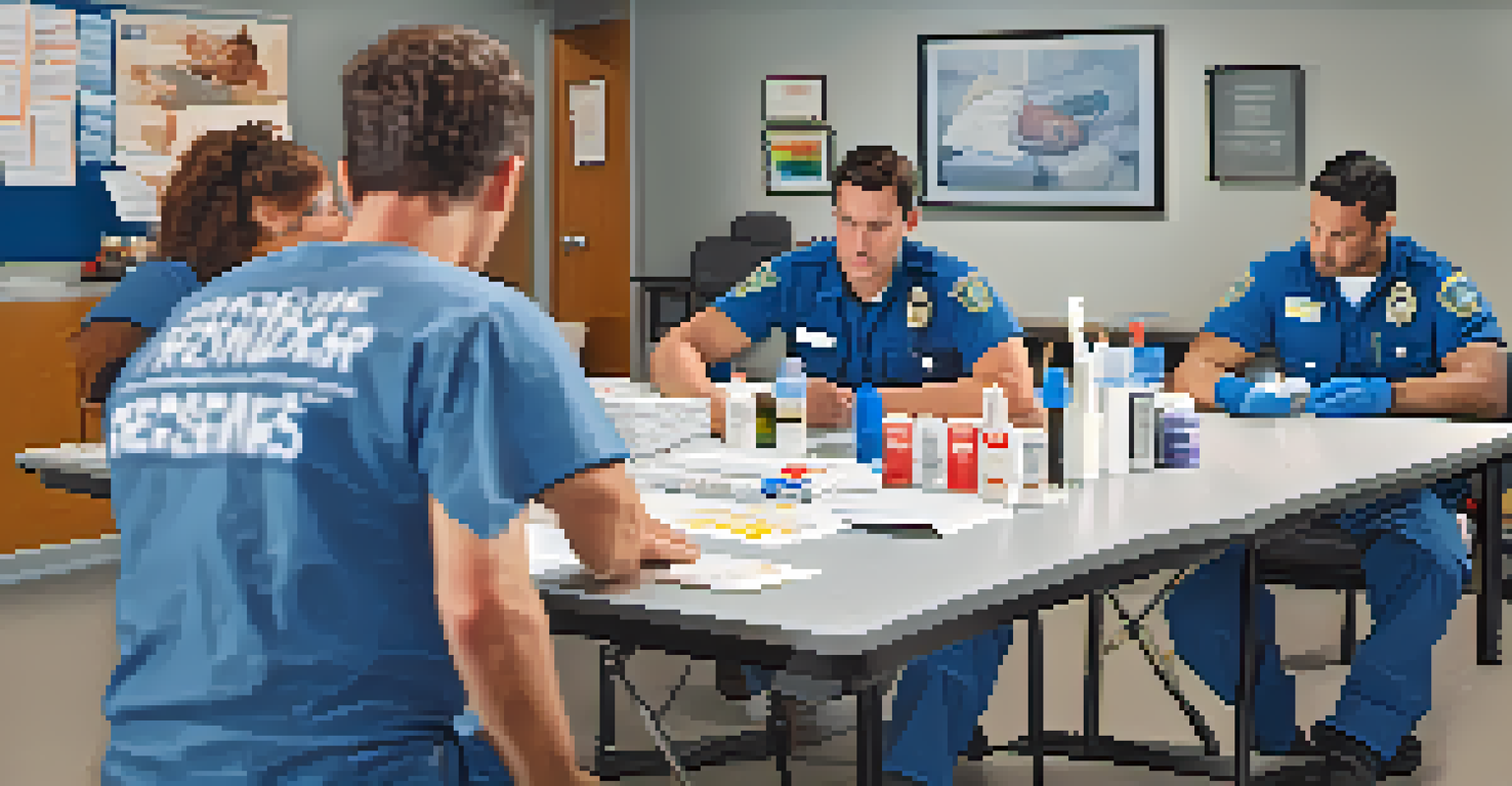 First responders practicing overdose response techniques in a training session, showcasing determination and compassion.