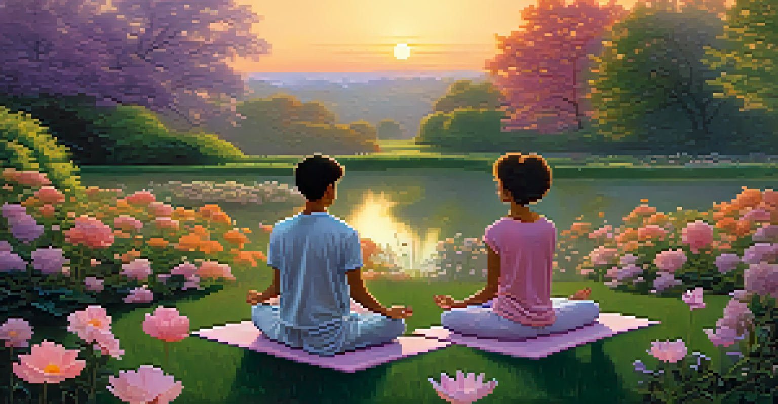 Individuals practicing meditation in a peaceful garden at sunset, surrounded by blooming flowers and tall trees, with a colorful sky in the background.