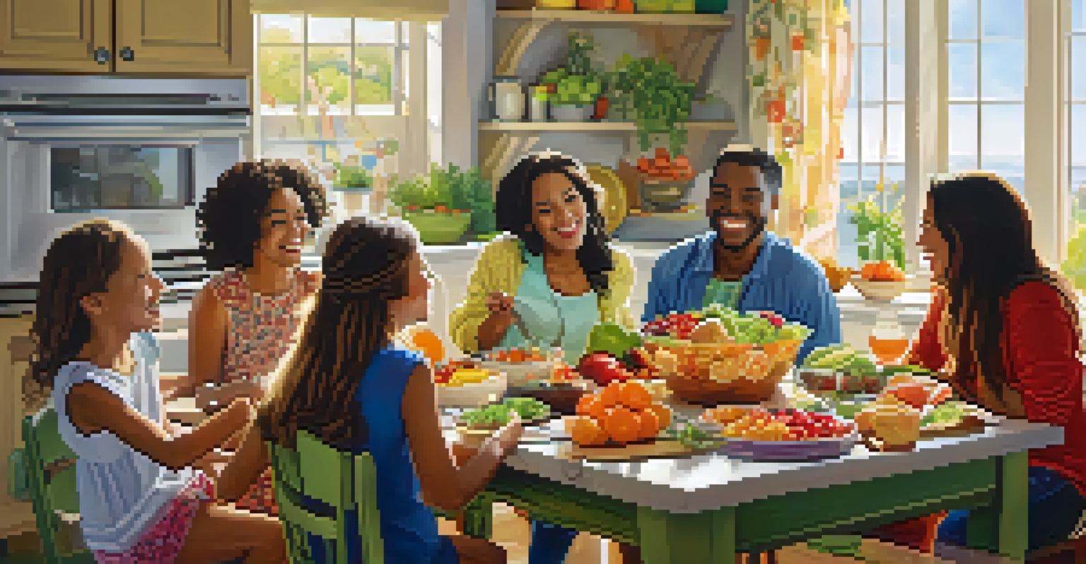 A group of friends sharing a healthy meal in a bright kitchen, filled with laughter and colorful food.
