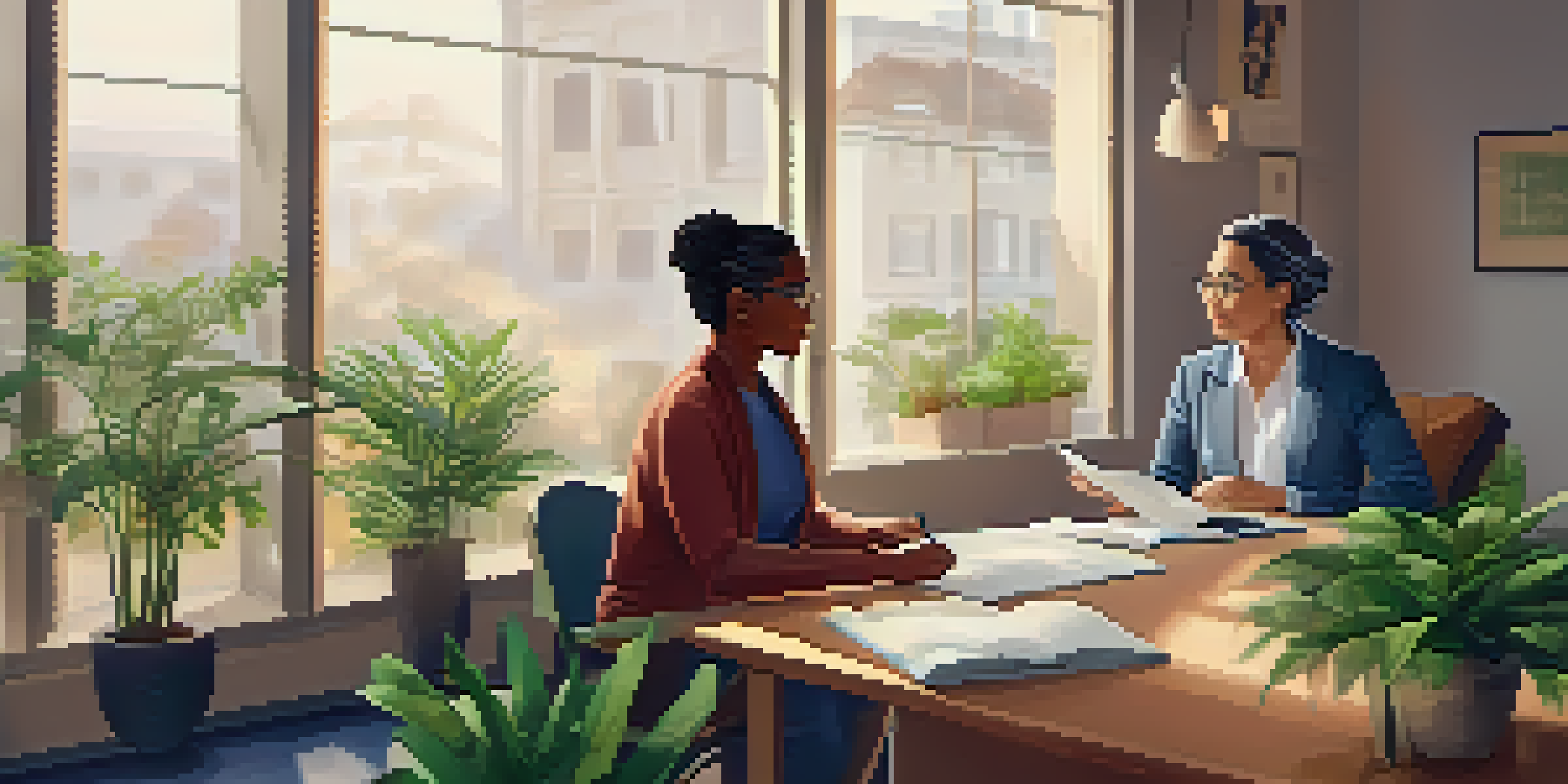 A practitioner and client in a warm office setting engaged in a motivational interviewing session, showcasing empathy and trust.
