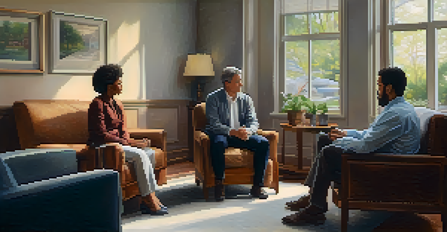 A family in a therapist's office, engaged in a supportive discussion with open body language, creating a safe space for communication.
