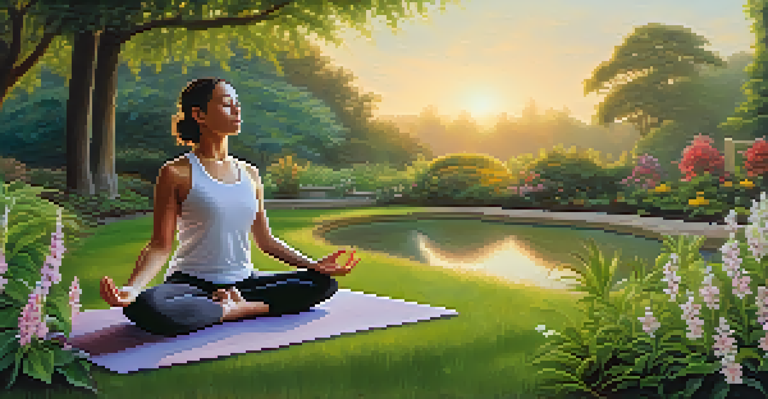 A person practicing yoga at sunrise in a tranquil garden, surrounded by lush greenery and blooming flowers, conveying a sense of peace and relaxation.