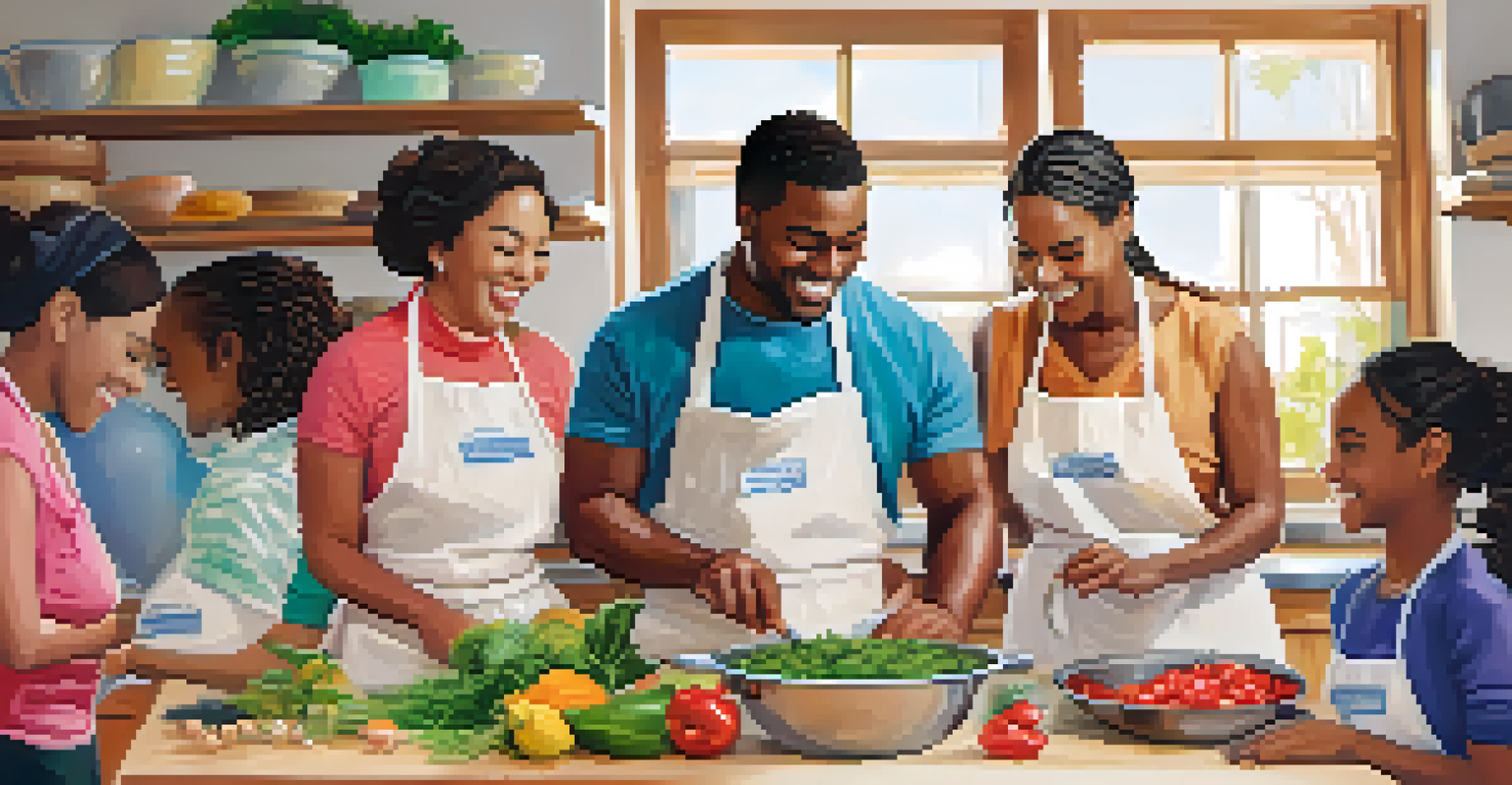 A diverse group of people in a bright kitchen, happily cooking together during a class focused on healthy meals.