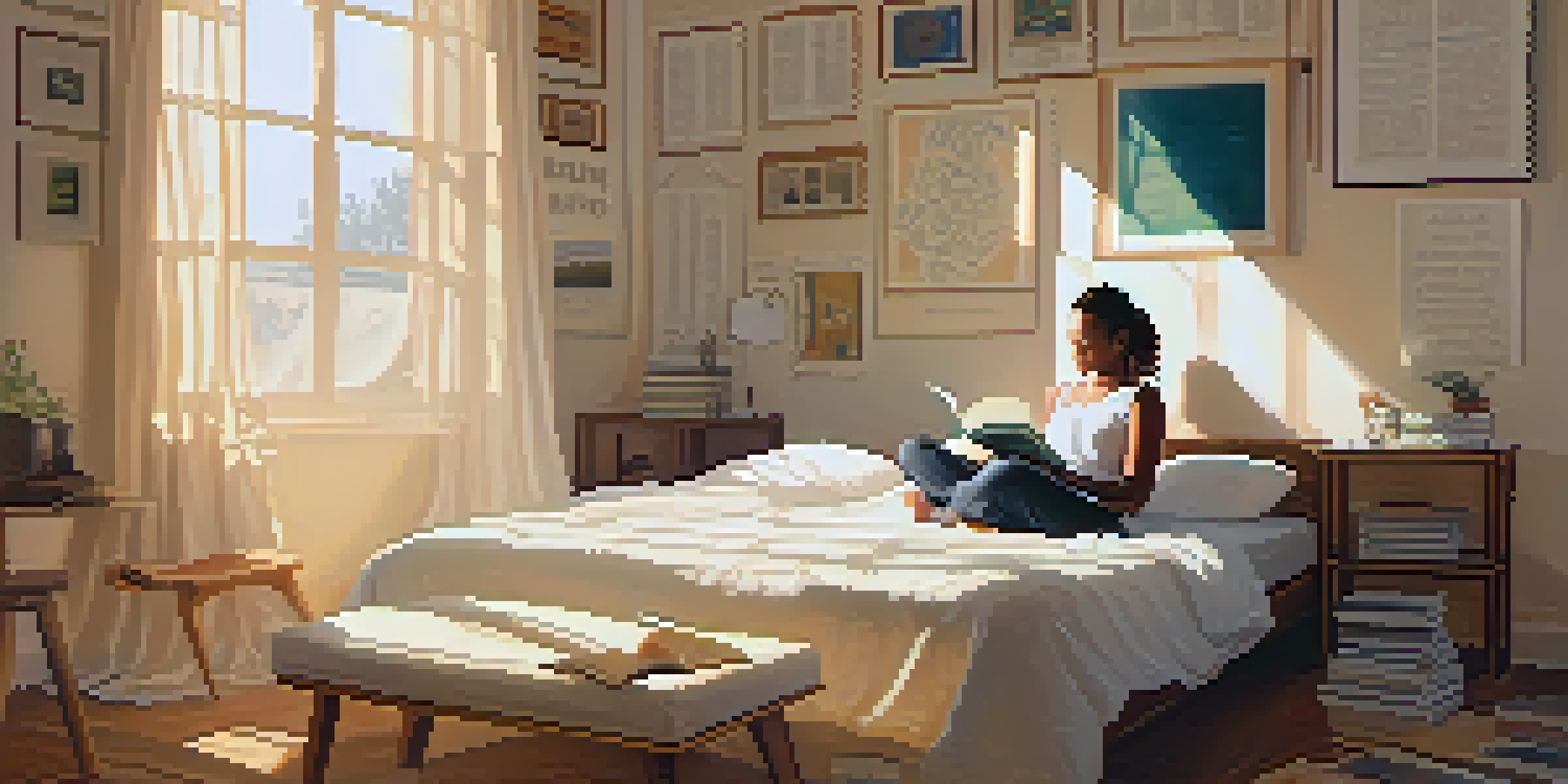 A person sitting cross-legged on the floor of a sunlit bedroom, surrounded by open journals filled with affirmations, smiling in peace.