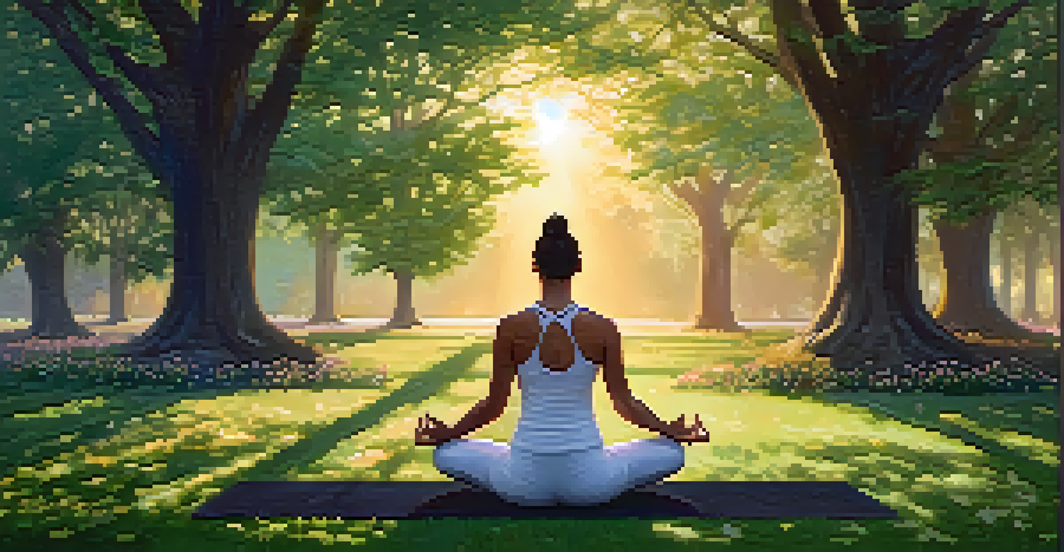 A person doing yoga in a peaceful park at sunset, surrounded by flowers and trees, with soft golden light filtering through the leaves.