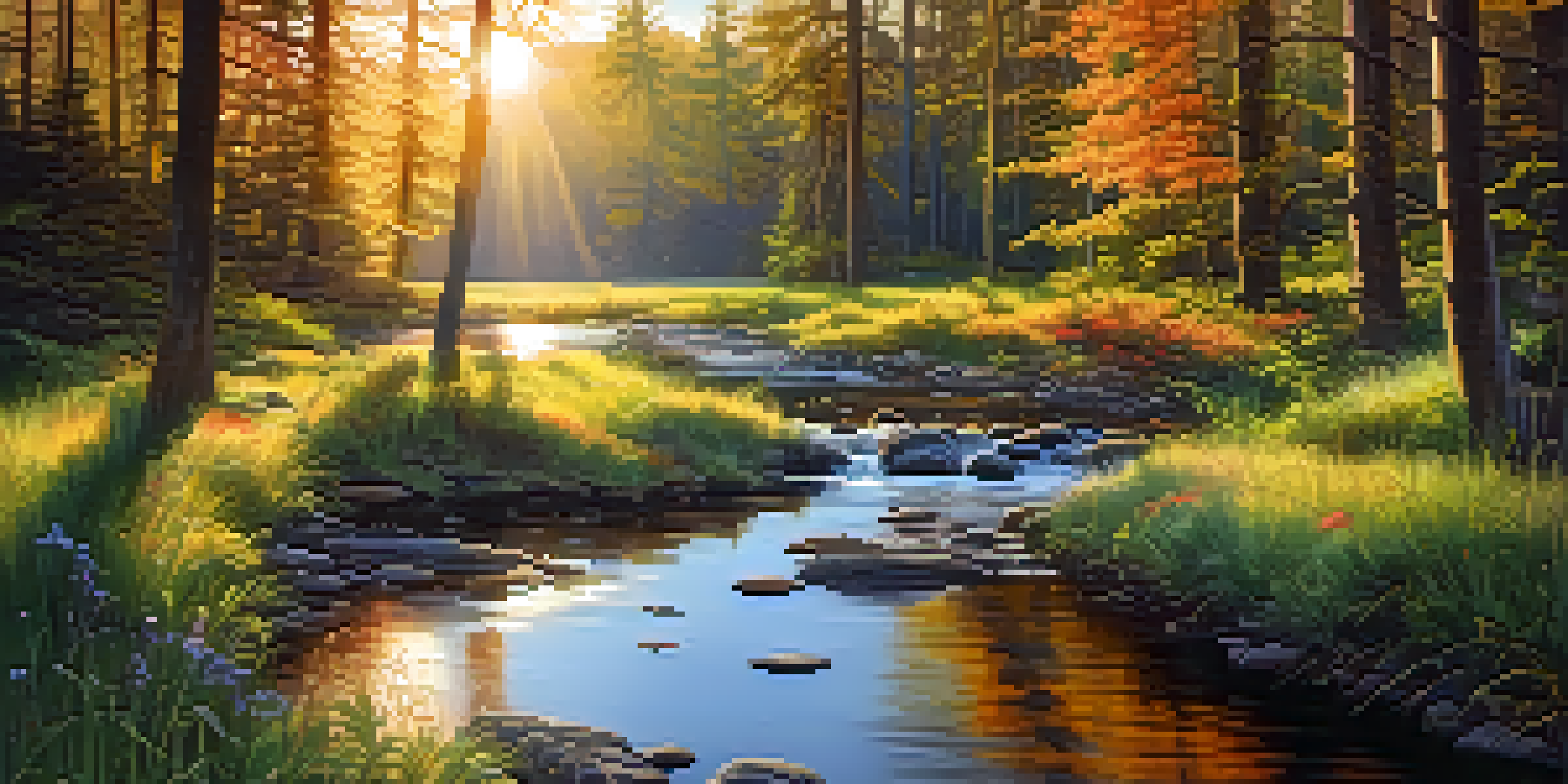 A peaceful forest during sunset with sunlight filtering through leaves and a stream flowing.