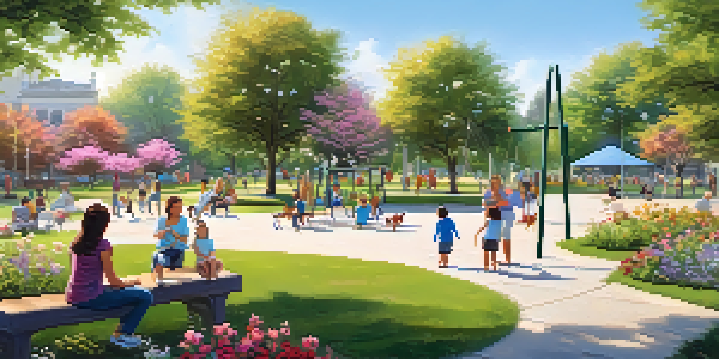 A vibrant community park with families enjoying outdoor activities in a sunny environment, featuring children playing and parents relaxing.