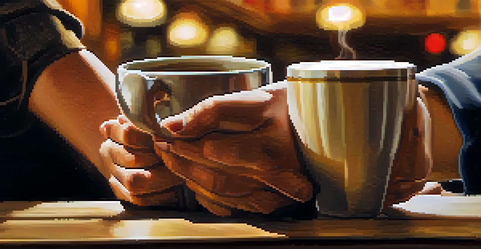 Two hands clasped together in a coffee shop, representing the bond of mentorship and trust.