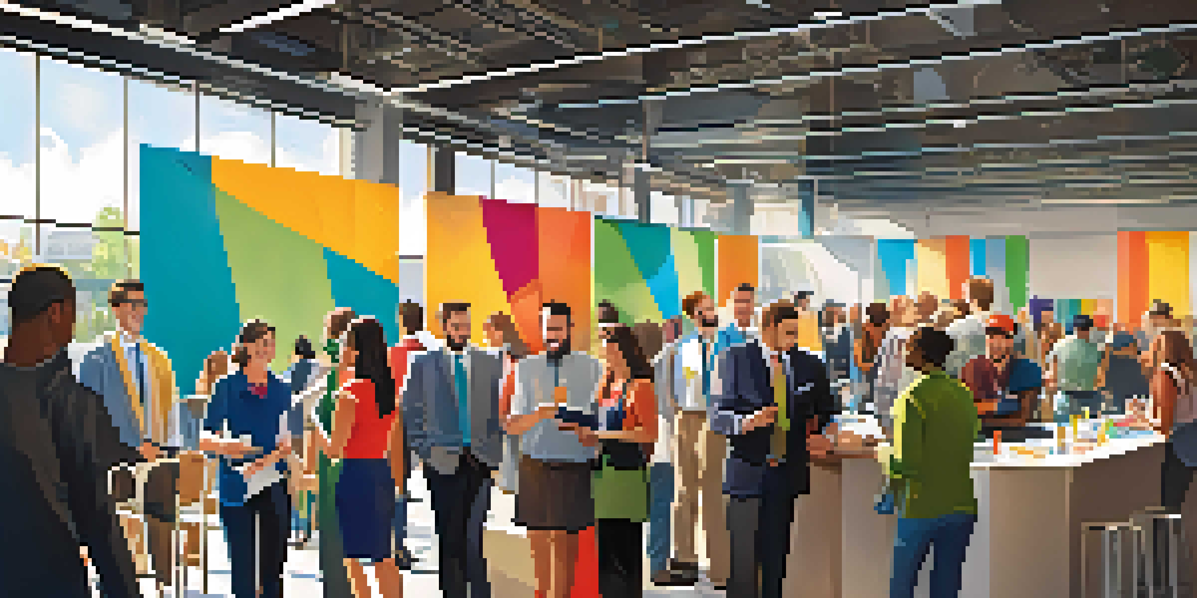 A lively job fair where recovering addicts are interacting with employers, featuring colorful booths and a bright, welcoming atmosphere.