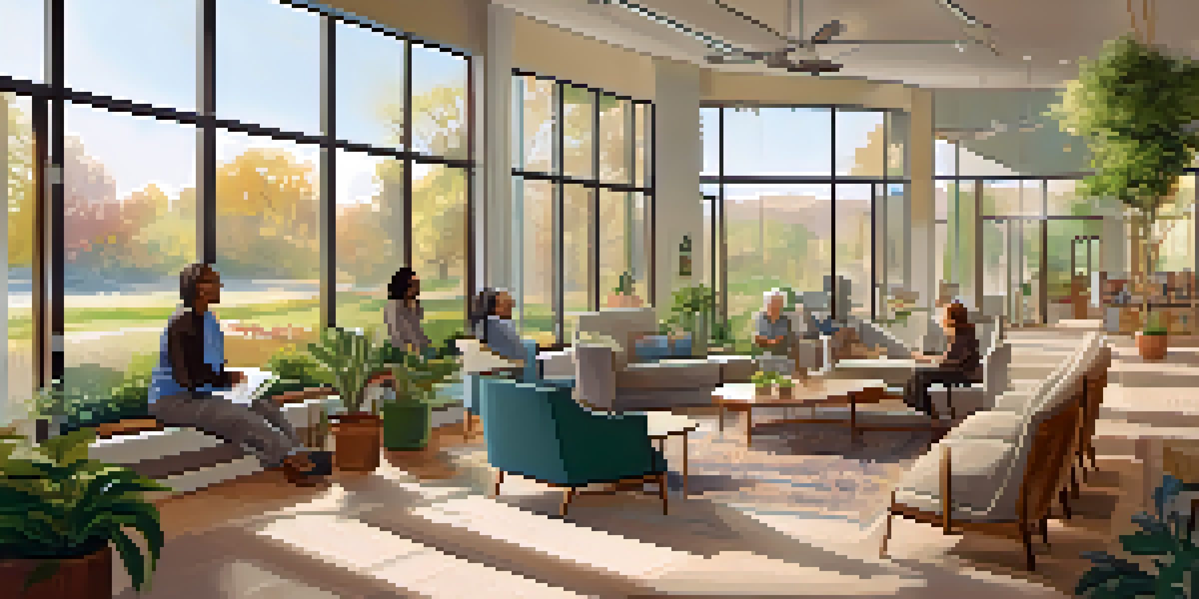 A brightly lit common area in a long-term care facility where diverse residents are seated in a circle for a group therapy session, surrounded by artwork and plants.