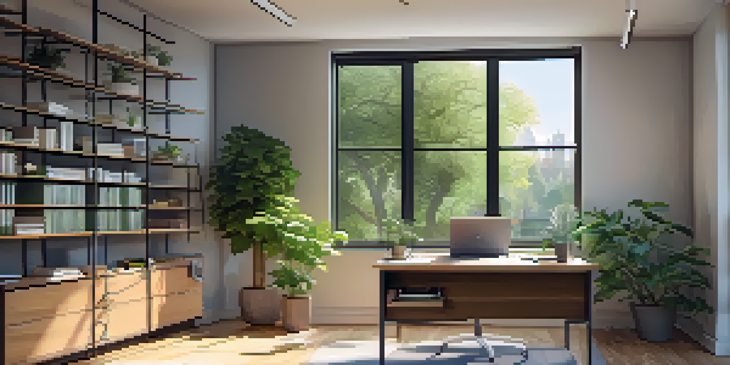 A peaceful office workspace with a desk, laptop, and chair, surrounded by natural light and greenery outside.