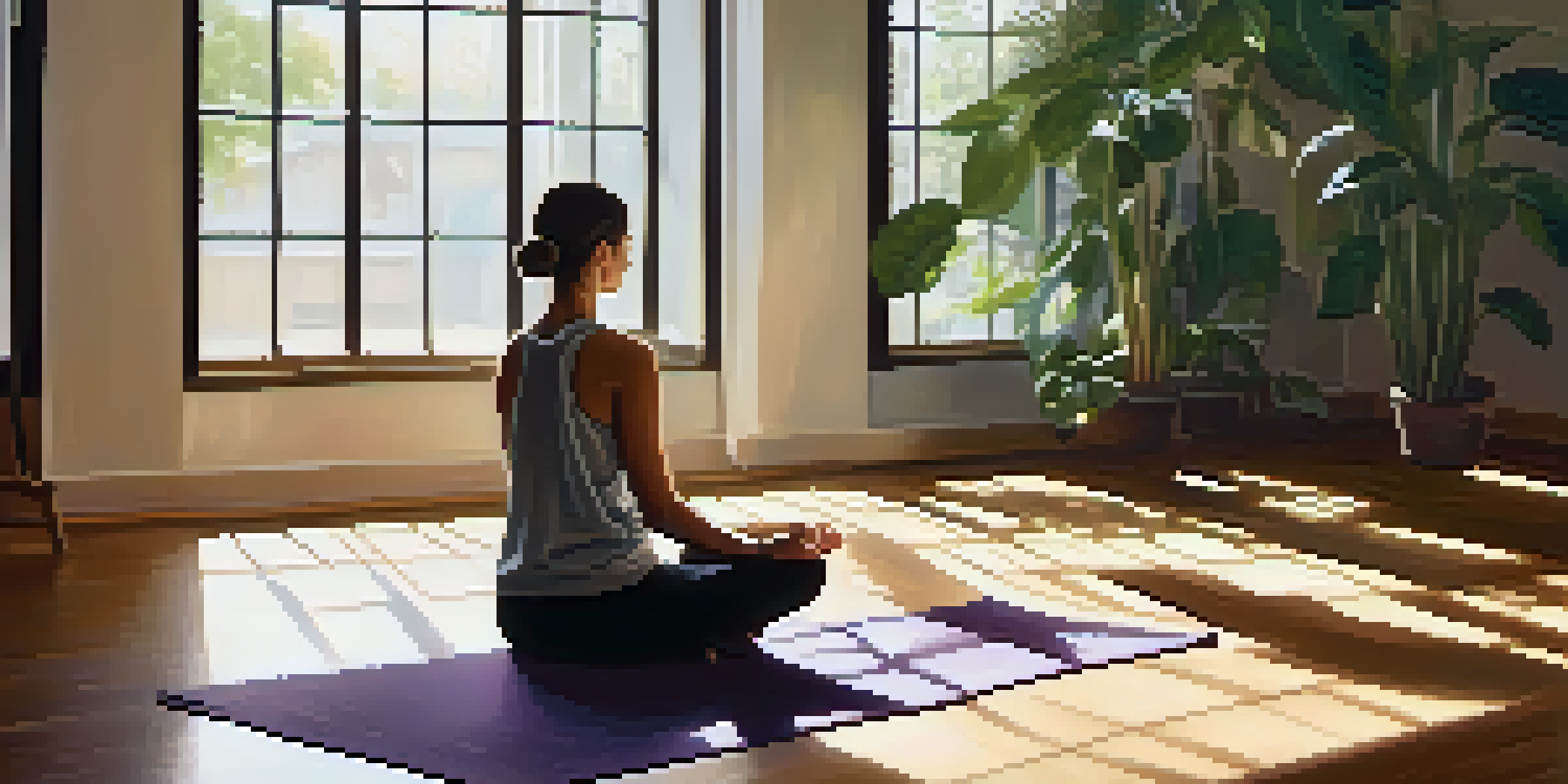 A person meditating peacefully in a sunlit room filled with plants, representing mindfulness and self-compassion.