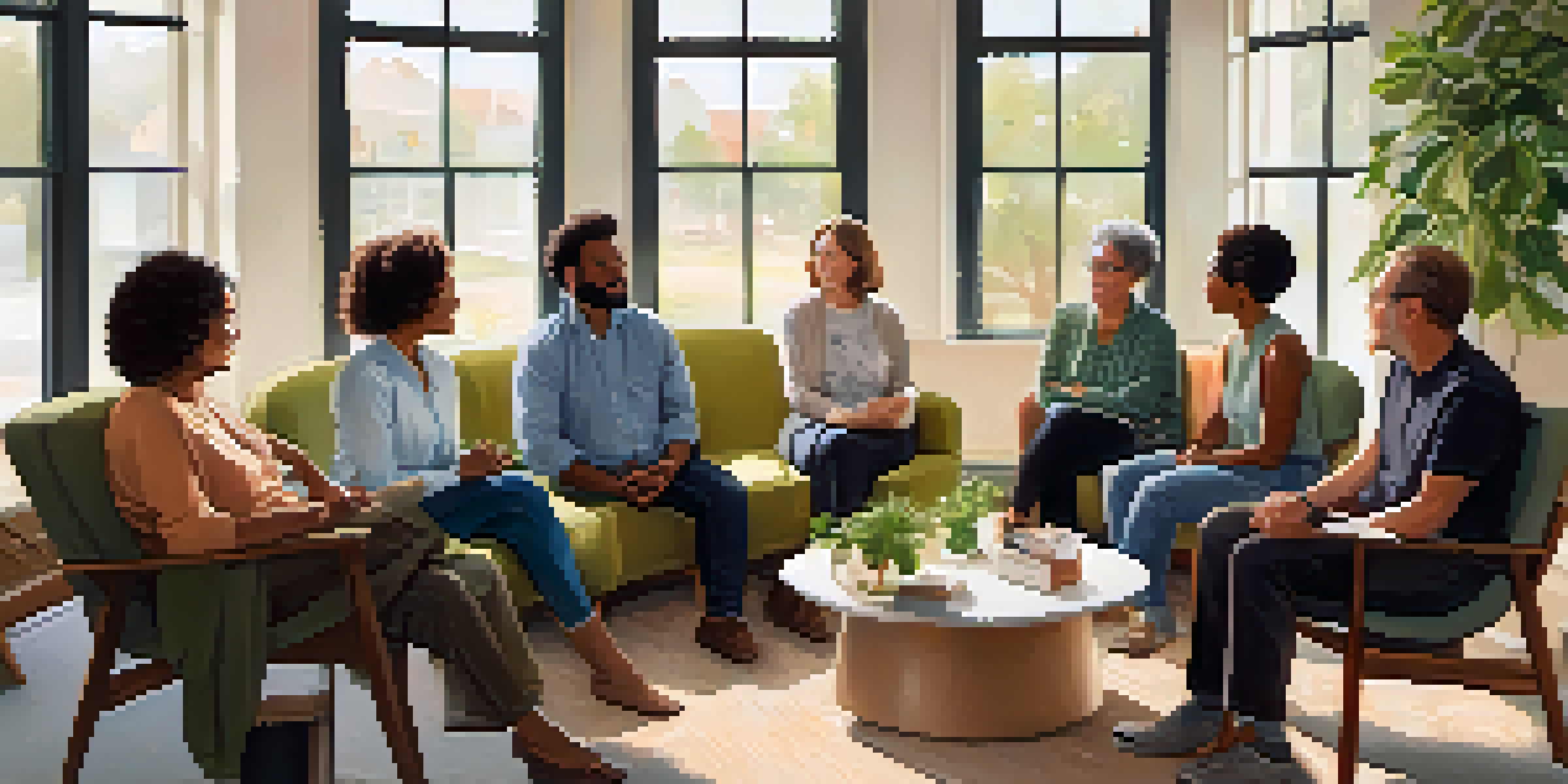 A diverse group of individuals sitting in a circle, engaged in a support group meeting in a cozy room with natural light.