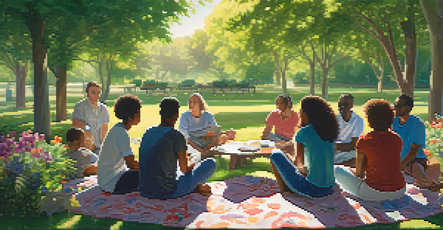 A support group meeting in a park with participants sitting on blankets surrounded by greenery and flowers, sharing stories.