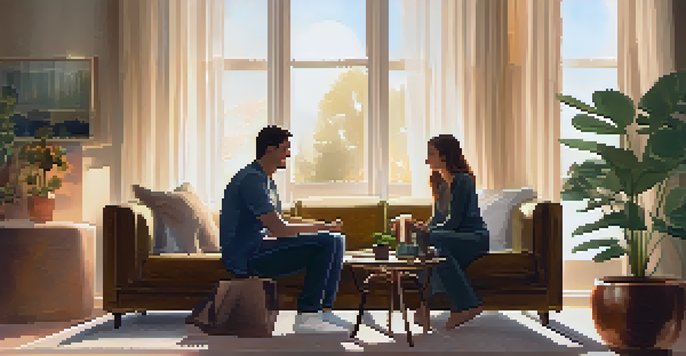 A couple sitting closely together on a sofa in a cozy living room, engaged in a supportive conversation, with warm lighting and personal items on the coffee table.