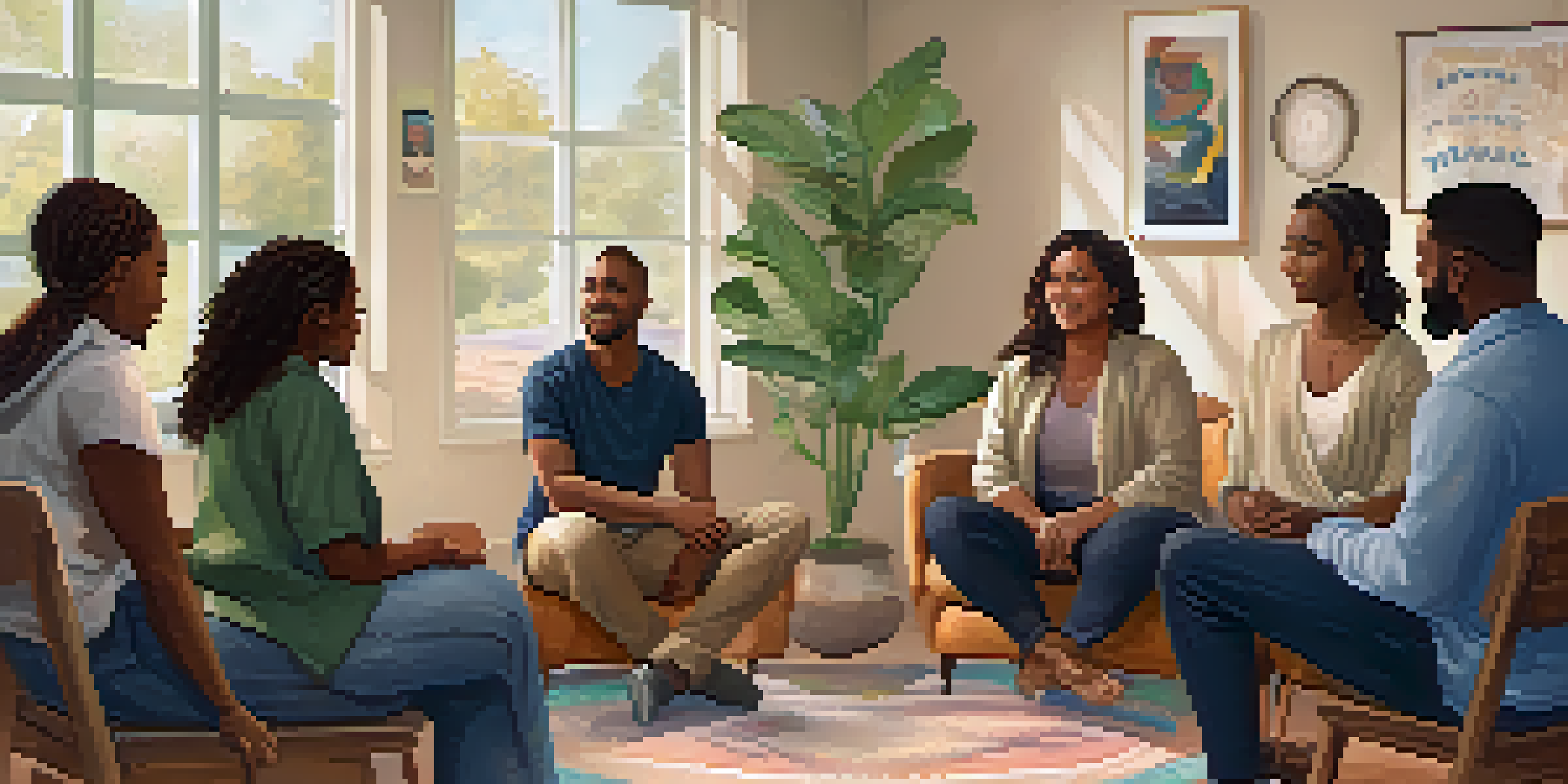 A group of people in a circle during a therapy session, showing expressions of support and empathy.