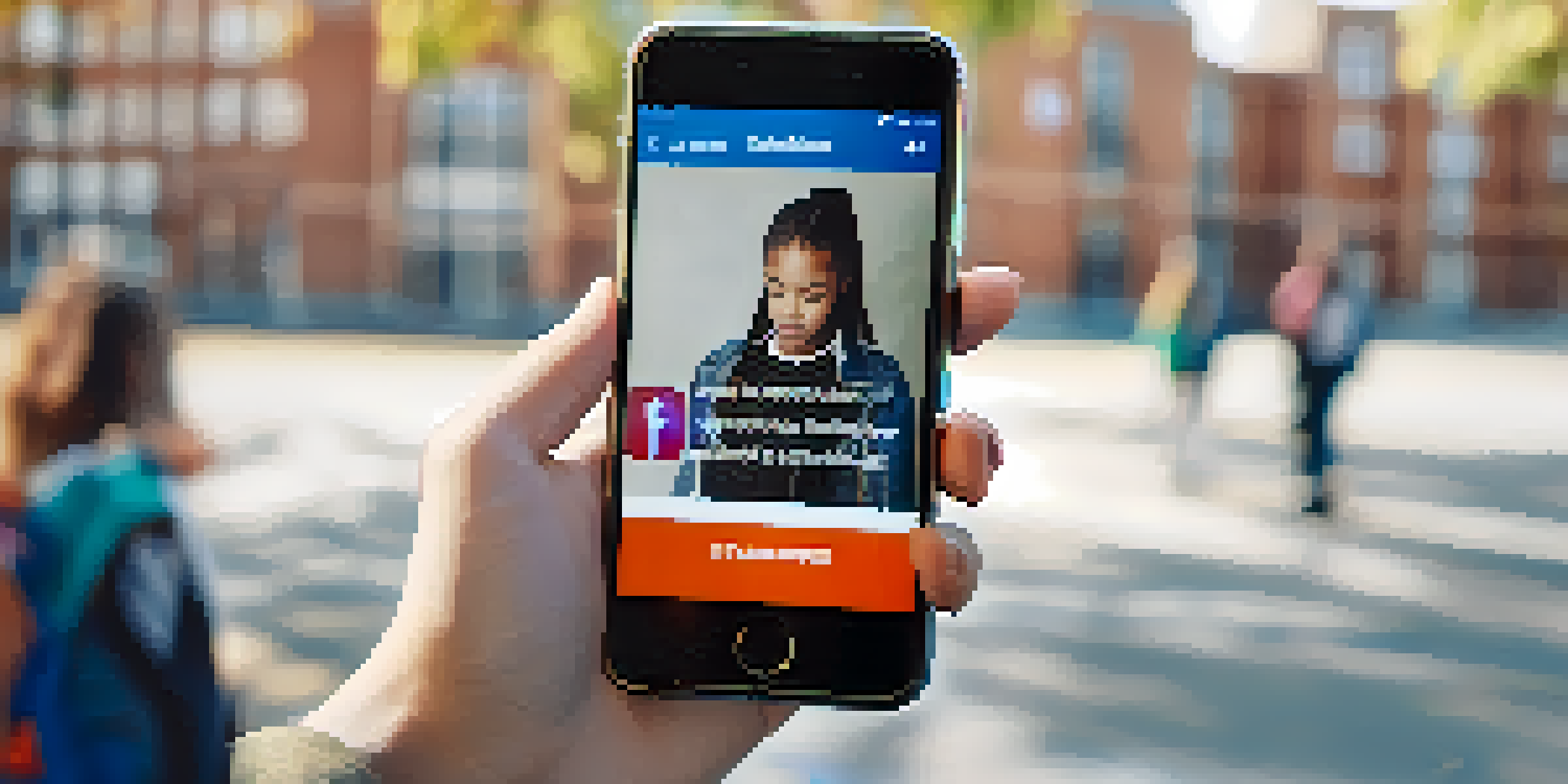 A young person holding a smartphone showing a social media post on addiction awareness against a blurred school background.