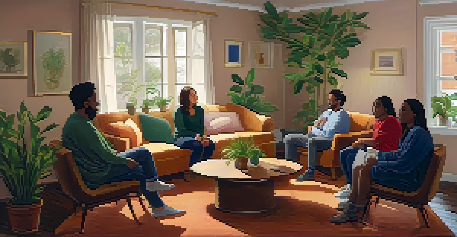 A group therapy session with individuals sitting in a circle, sharing stories in a cozy room filled with warm light.