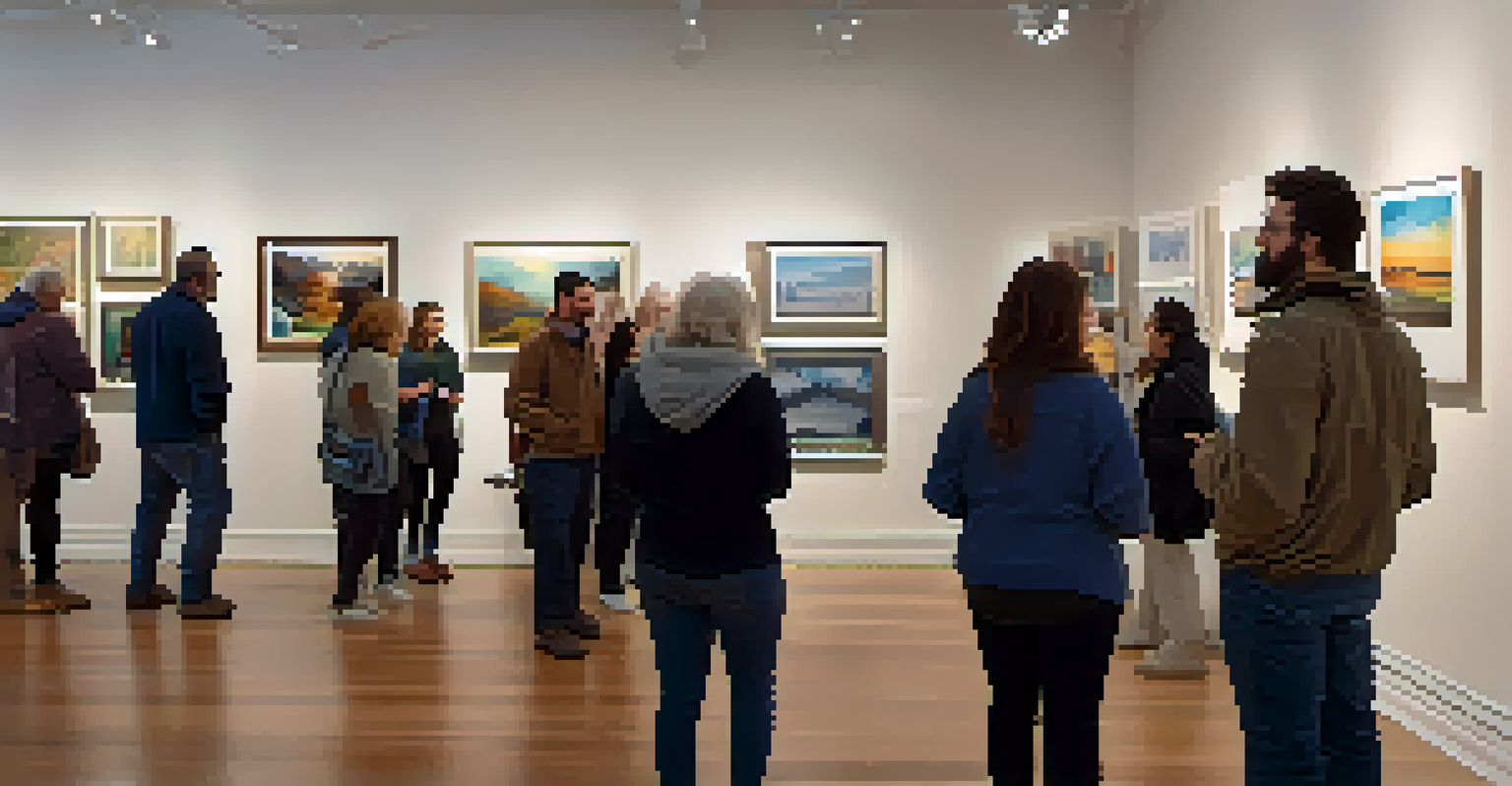 A cozy art exhibition showcasing works created by individuals in recovery, with visitors admiring the art and engaging in conversation.