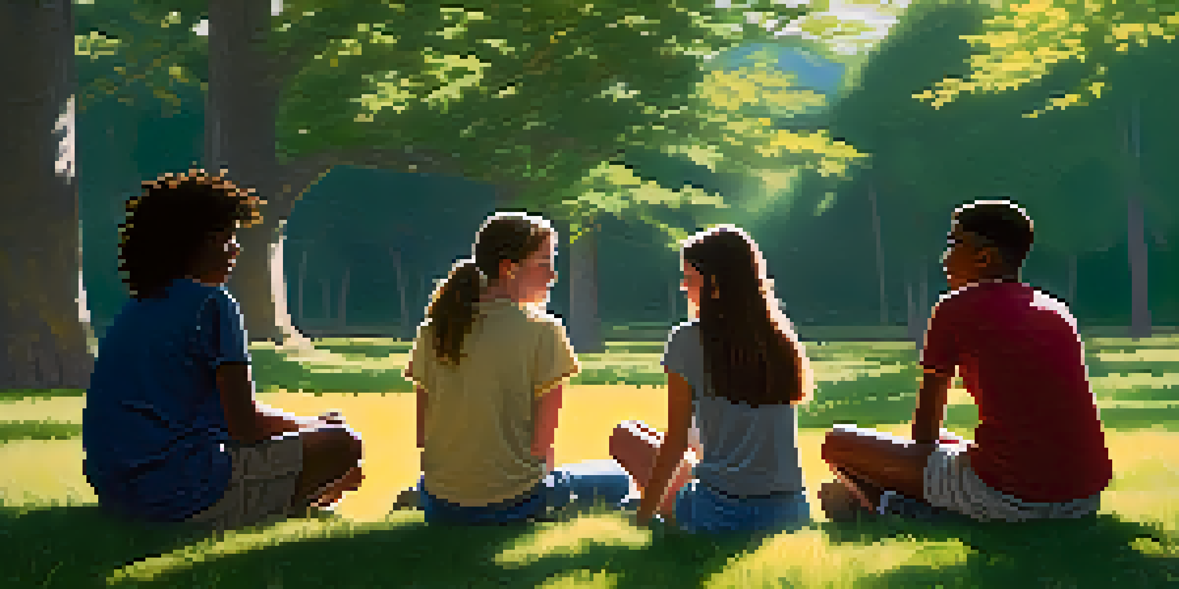 A diverse group of teenagers sitting in a circle on grass, discussing animatedly under sunlight, symbolizing supportive friendships.