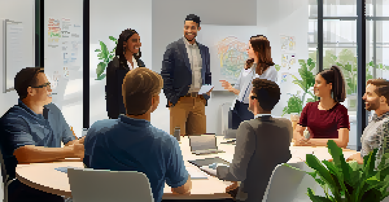 A diverse group of employees engaging in a supportive discussion in a modern office setting.