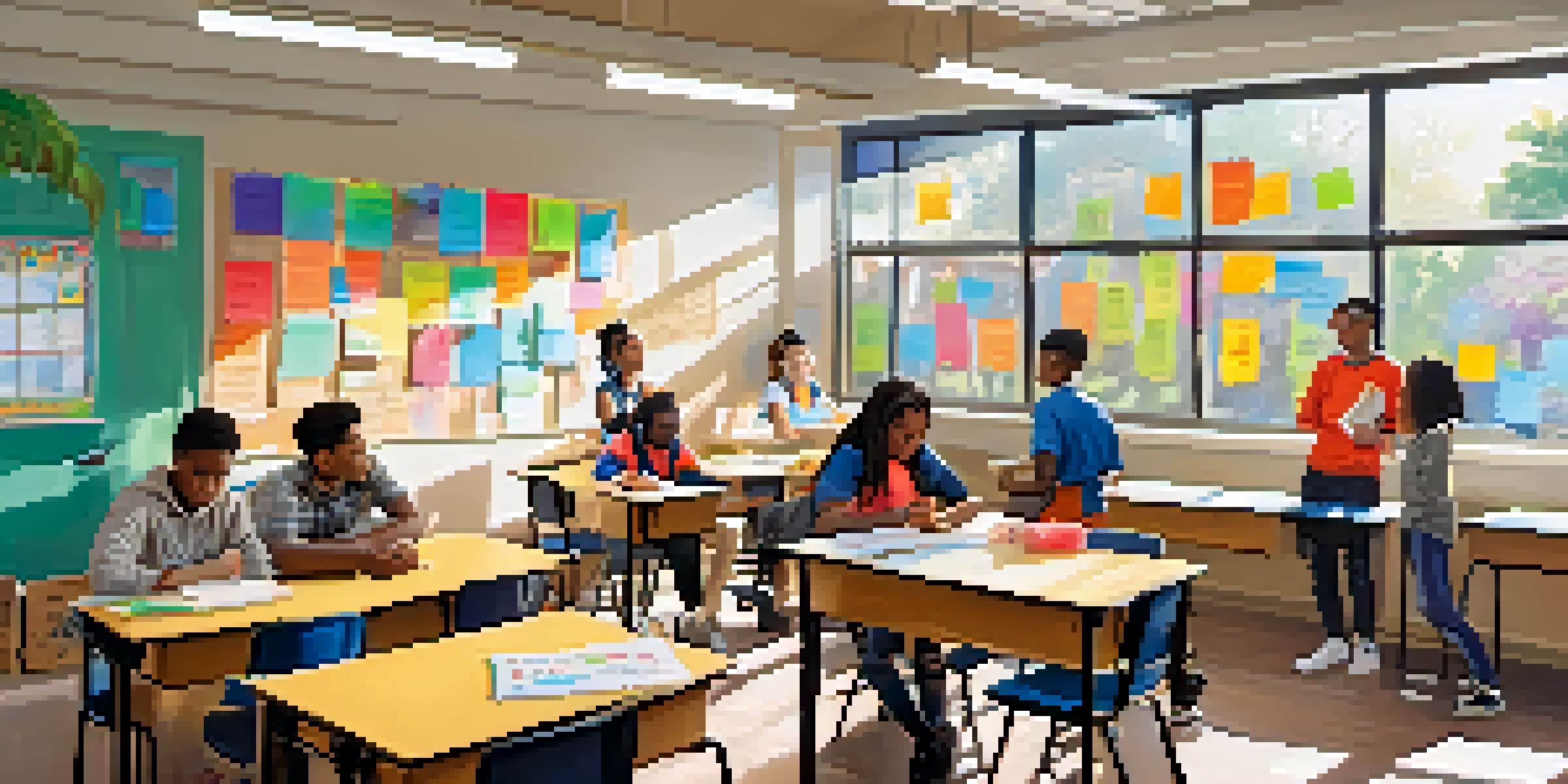 A colorful classroom filled with diverse teenagers participating in a life skills training session, with educational materials on the walls and sunlight streaming in.