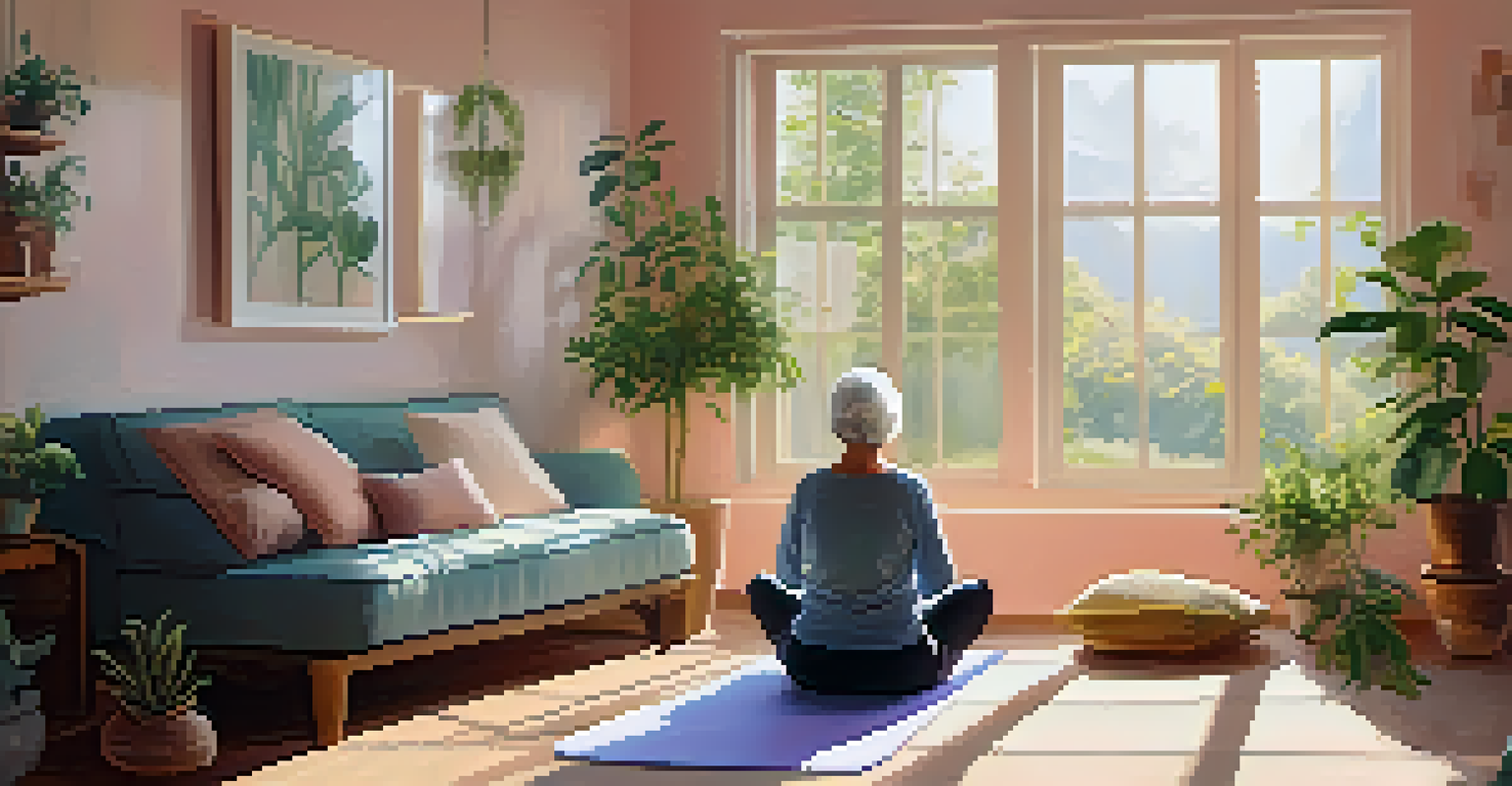 An older woman practicing yoga in a cozy, sunlit living room surrounded by plants.